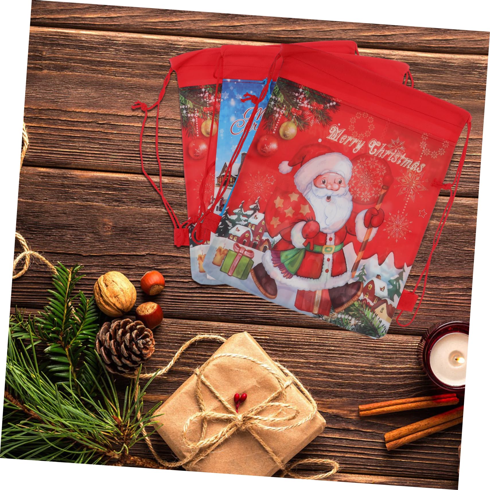 Amosfun 12Pcs Christmas Santa Sack Drawstring Bag Nonwoven Xmas Package Storage Gift Bag Christmas Event Party Decoration - Image 4