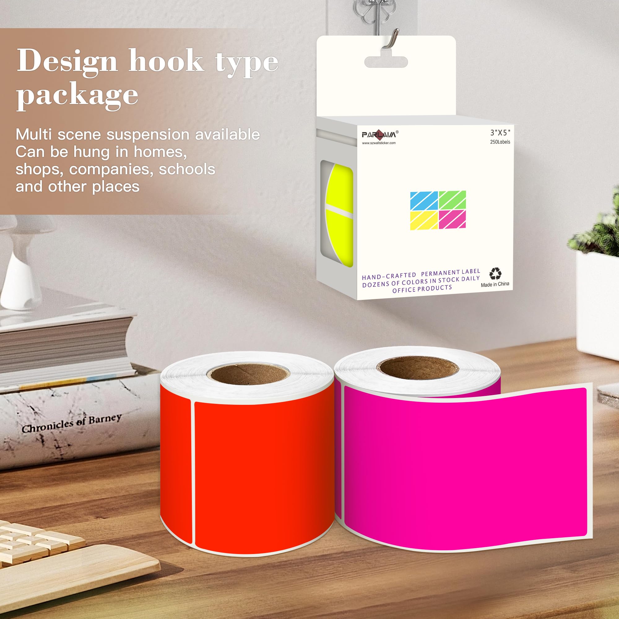 PARLAIM Adesivi rettangolari colorati per inventario, 12,7 x 7,6 cm, 1000 pezzi, 4 rotoli di etichette adesive quadrate per scatole in movimento (colori fluorescenti)