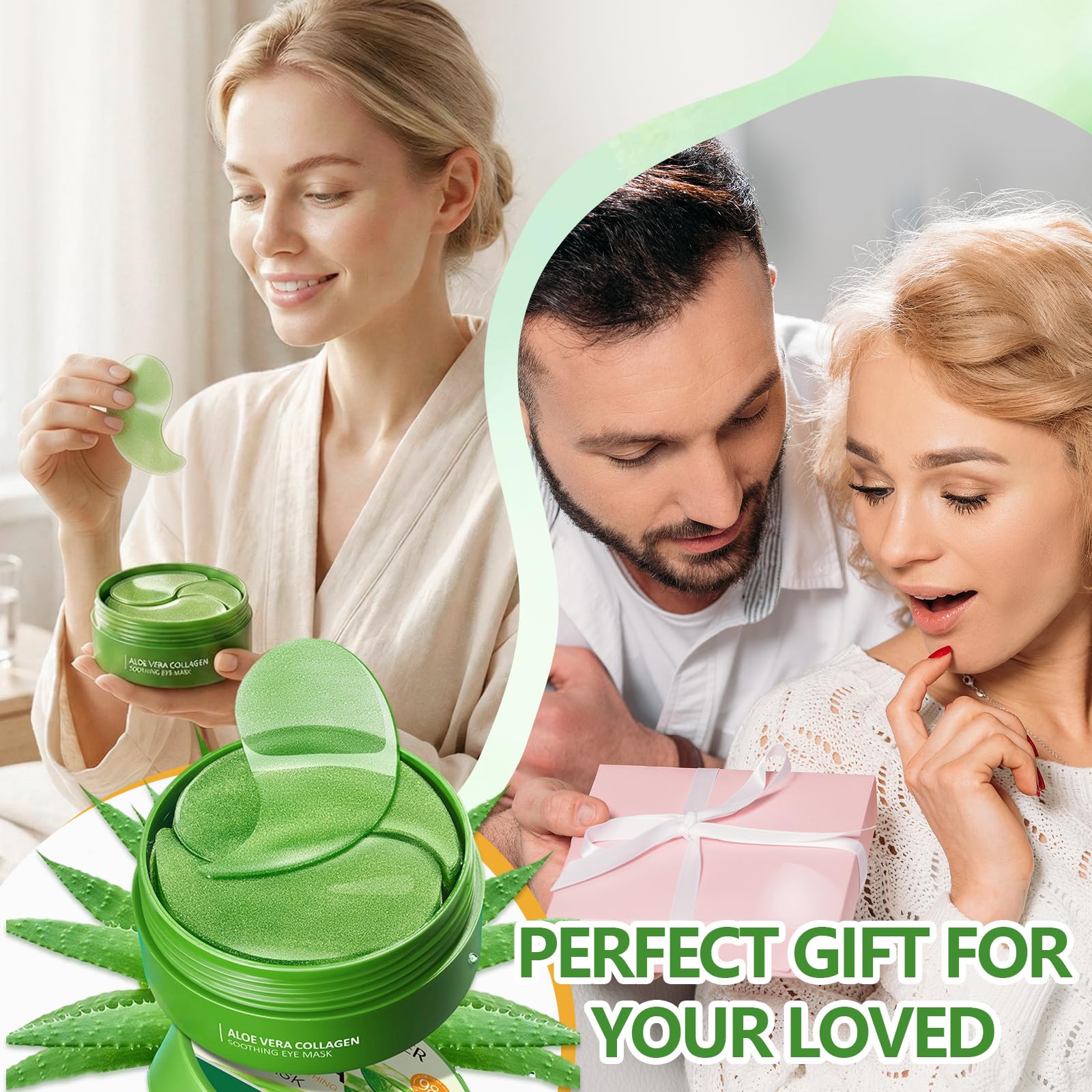 60 Pièces Aloe Patch Yeux, Patch yeux Acide hyaluronique Collagène, Eye Mask pour éclaircir et l'hydratation, Réduit les Cernes,Poches,Pattes d'Oie et Rides