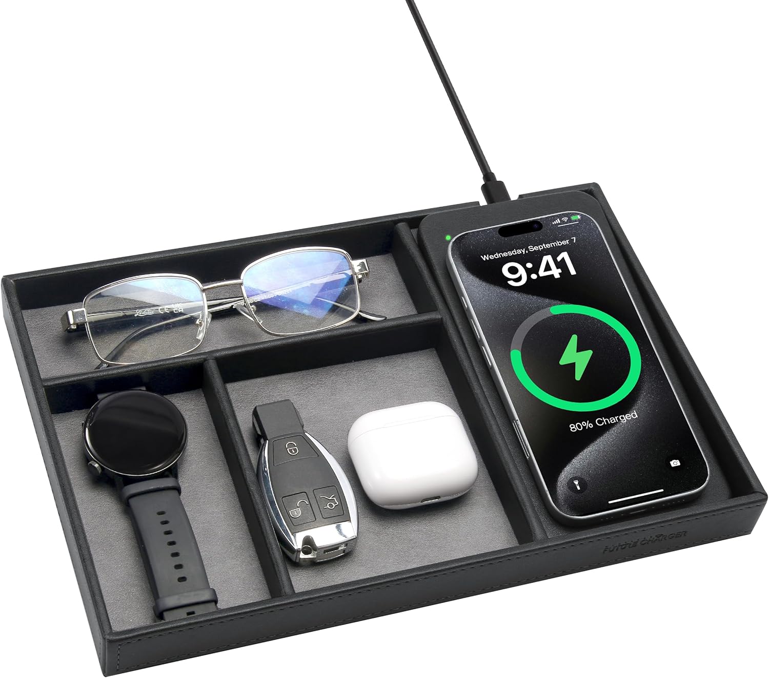 Valet Tray, Built in Wireless Charging Pad, Nightstand Organizer, Bedside Organizer, Mens Jewelry Box, Everyday Carry Tray for Men and Women -Blue