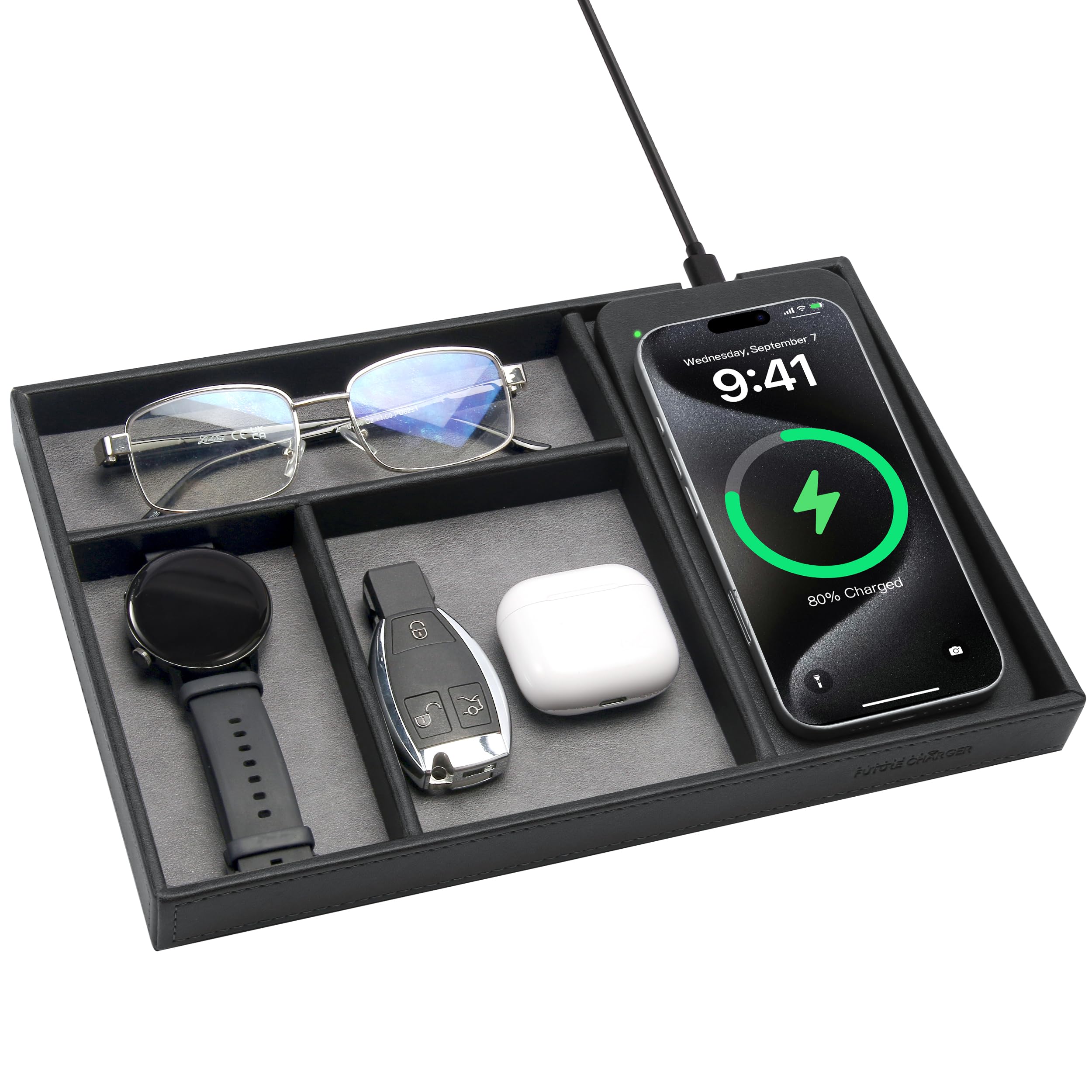 Valet Tray Built in Wireless Charging Pad Nightstand Organizer Two-Toned Premium Vegan Leather Desk Bedside Caddy Organizer Tray