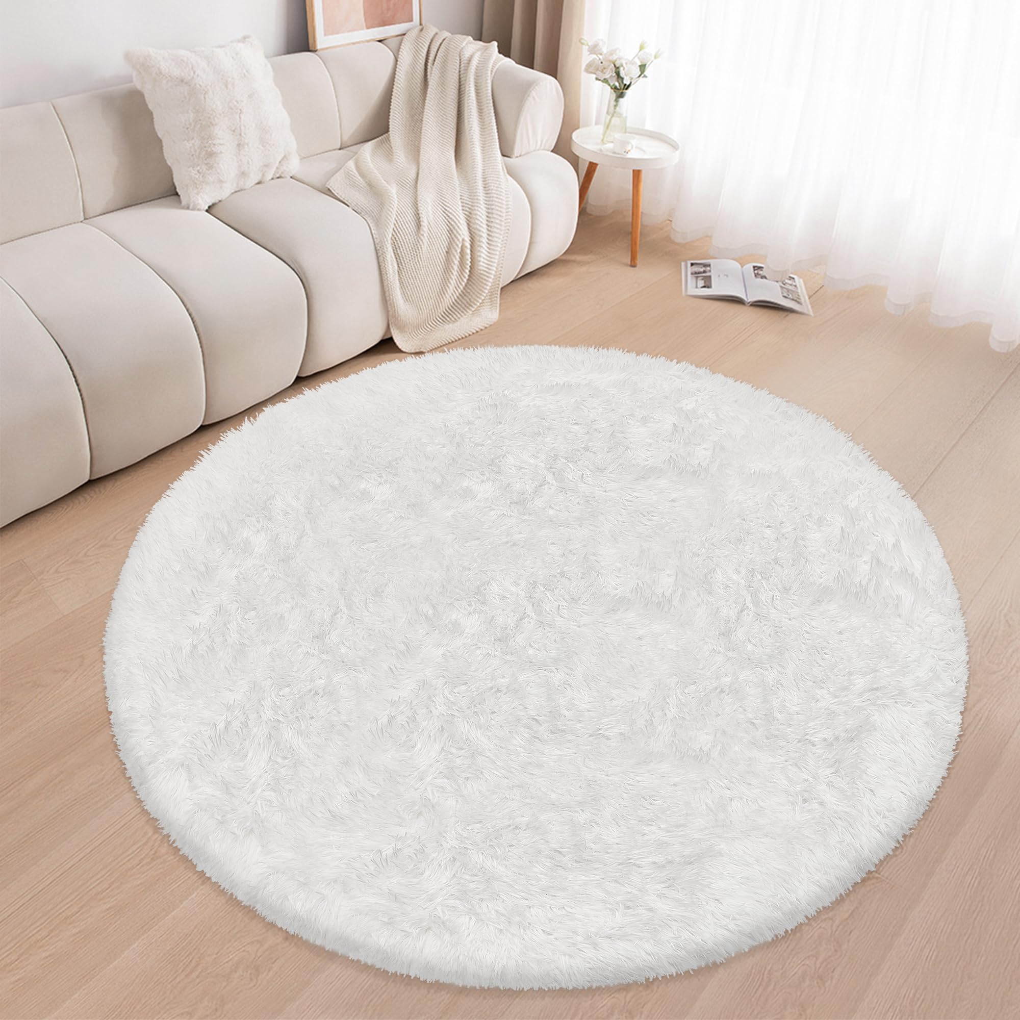 ATRUG 6Ft Soft White Round Area Rug for Bedroom Modern Fluffy