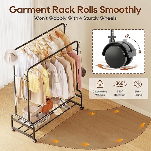 Miniatura 6 de Perchero doble para colgar ropa, perchero con ruedas, estantes de ropa independientes con estantes de tela de poliéster y estante inferior de malla