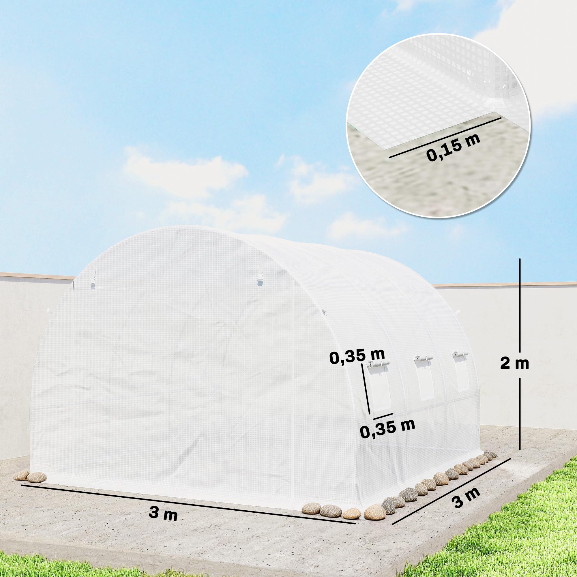 Outsunny Film de serre 3 x 3 m en polyéthylène imperméable avec porte enroulable, 6 fenêtres, protection UV, indéchirable, bâche de protection pour tunnel de jardinage, film tunnel pour extérieur