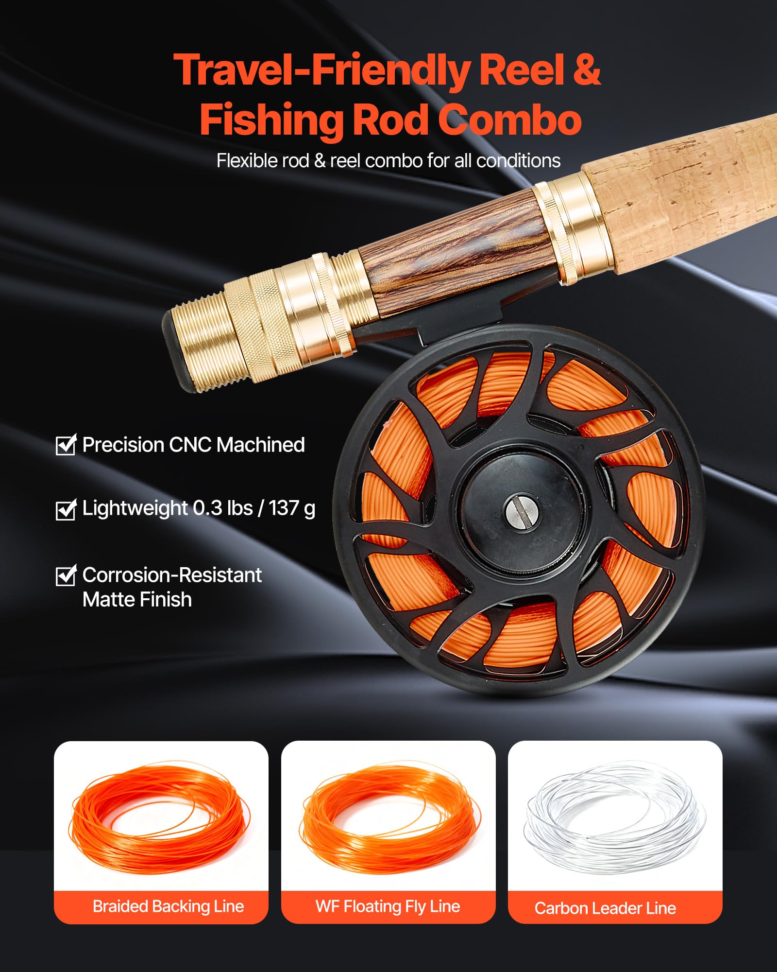 VEVOR Set de Pesca con Mosca, Caña y Carrete de Carbono IM7, con Bolsa para Caña, Caja de Aparejos, 6 Anzuelos de Cola Corta y 4 de Cola Larga, Ideal para Viajes y Vacaciones, 2750 x 115 x 50 mm