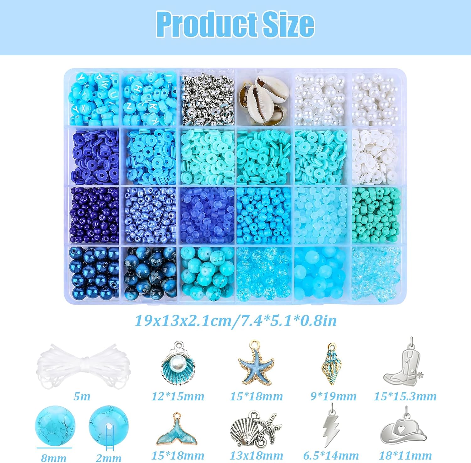 Blue Clay Beads for Bracelet Making Kit, 24 Colors 3500pcs Friendship Bracelet Making Kit, Small Glass Beads for Jewelry Making, Blue Ocean Series Colorful Crystal Beads and Crafts DIY Gifts - Image 3