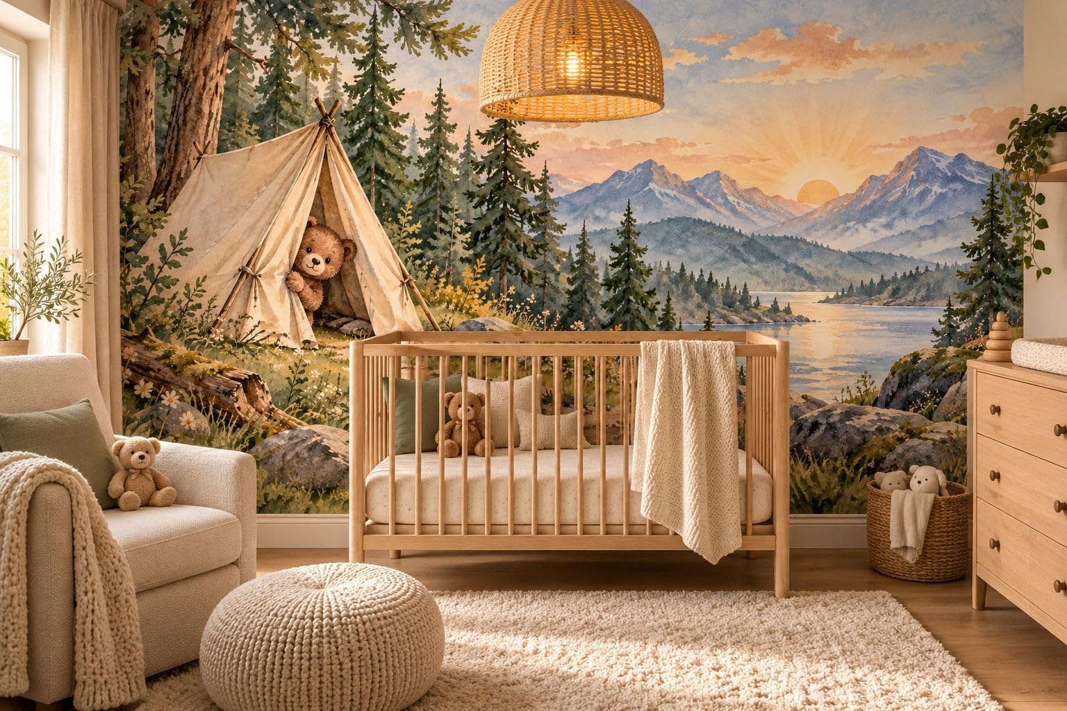 MOOGCO Bär Zelt Sonnenaufgang Fototapete, selbstklebende Wandtapete fürs Kinderzimmer, Aquarell Camping Tapete fürs Babyzimmer, 160 x 100 in