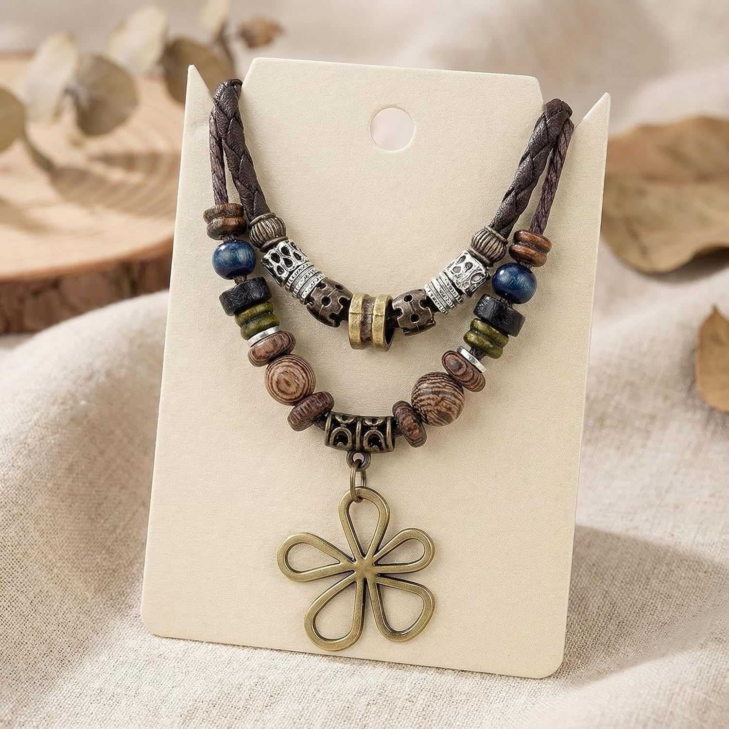 Boho Necklace for Women,Vintage Butterfly Pendant Necklaces,Adjustable Wooden Beads Layered Braided Choker,Fashion Tribal Style Leather Rope Necklace Jewelry,Chunky Statement Gift for Women