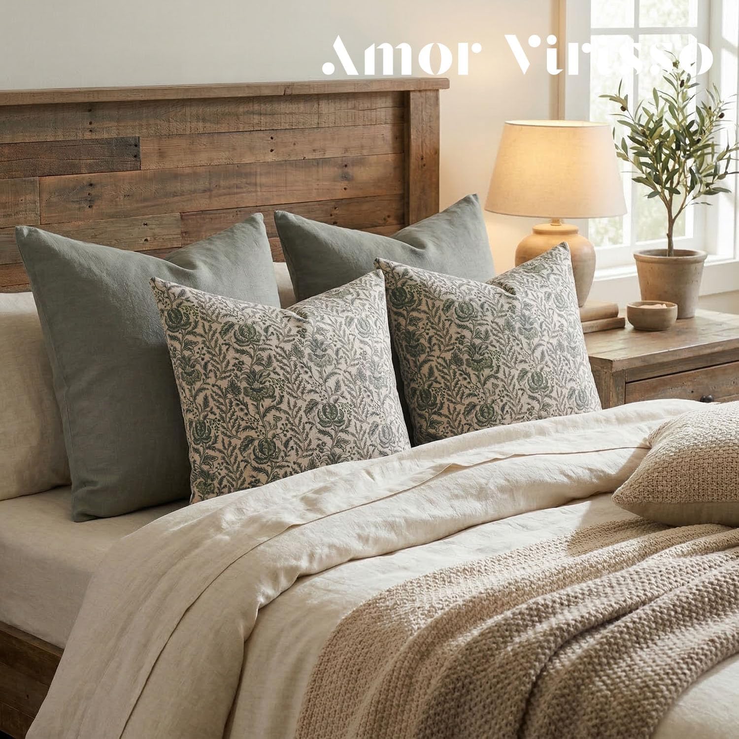 Amor Virisso Floral Pillow Covers 20x20 Set of 2 Vintage Block Print Pillow Covers Neutral Floral Striped Farmhouse Accent Decorative Pillow Covers for Sofa Bed, Green
