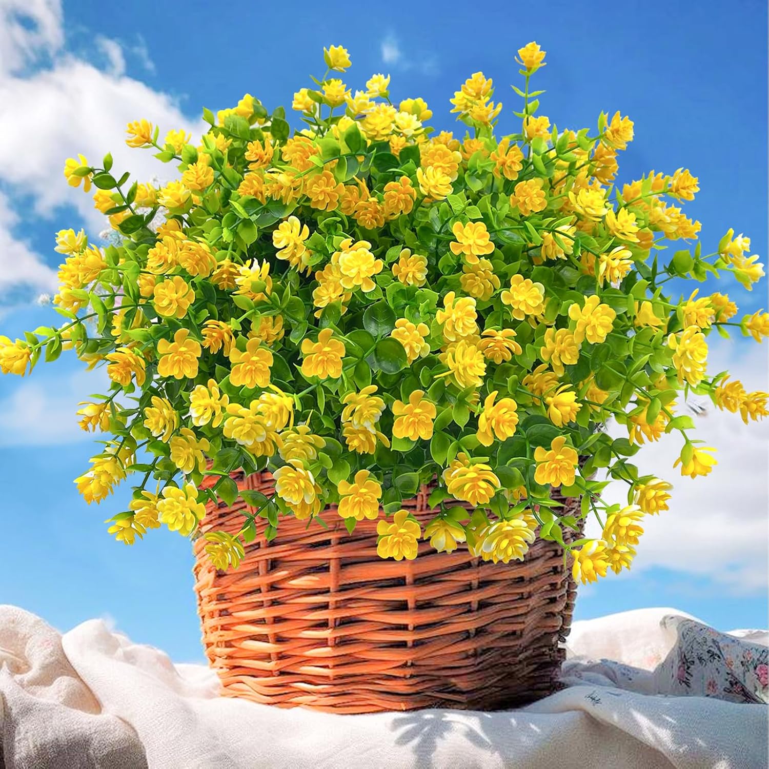 10 Bundles Artificial Fall Flowers for Outdoors,UV Resistant Fake Plastic Plants Artificial Shrubs Spring Flowers Decor of Vase and Outside Window Box, Ferns Plants for Planter-Yellow