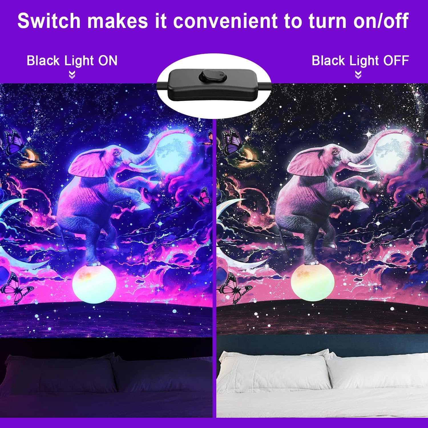 Remon 120W Black Light Bar, LED Blacklight with Plug and Switch, 180 LEDs IP66 Black Lights for Glow Party, Bedroom, Halloween Decorations, Fluorescent Poster, Stage Lighting (1 Pack)