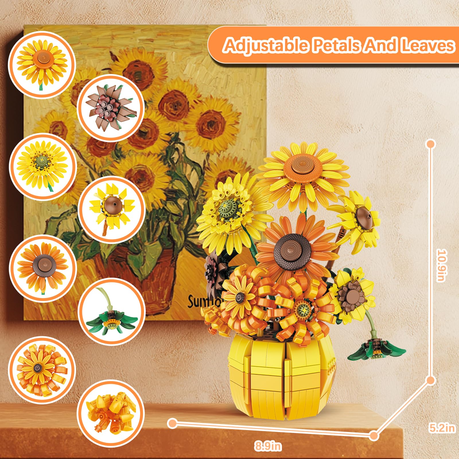 Set di costruzione di fiori di girasole per adulti, collezione botanica d'arte Van Gogh per donne e ragazze di 14 anni e più, kit di piante artificiali in vaso, decorazione per interni
