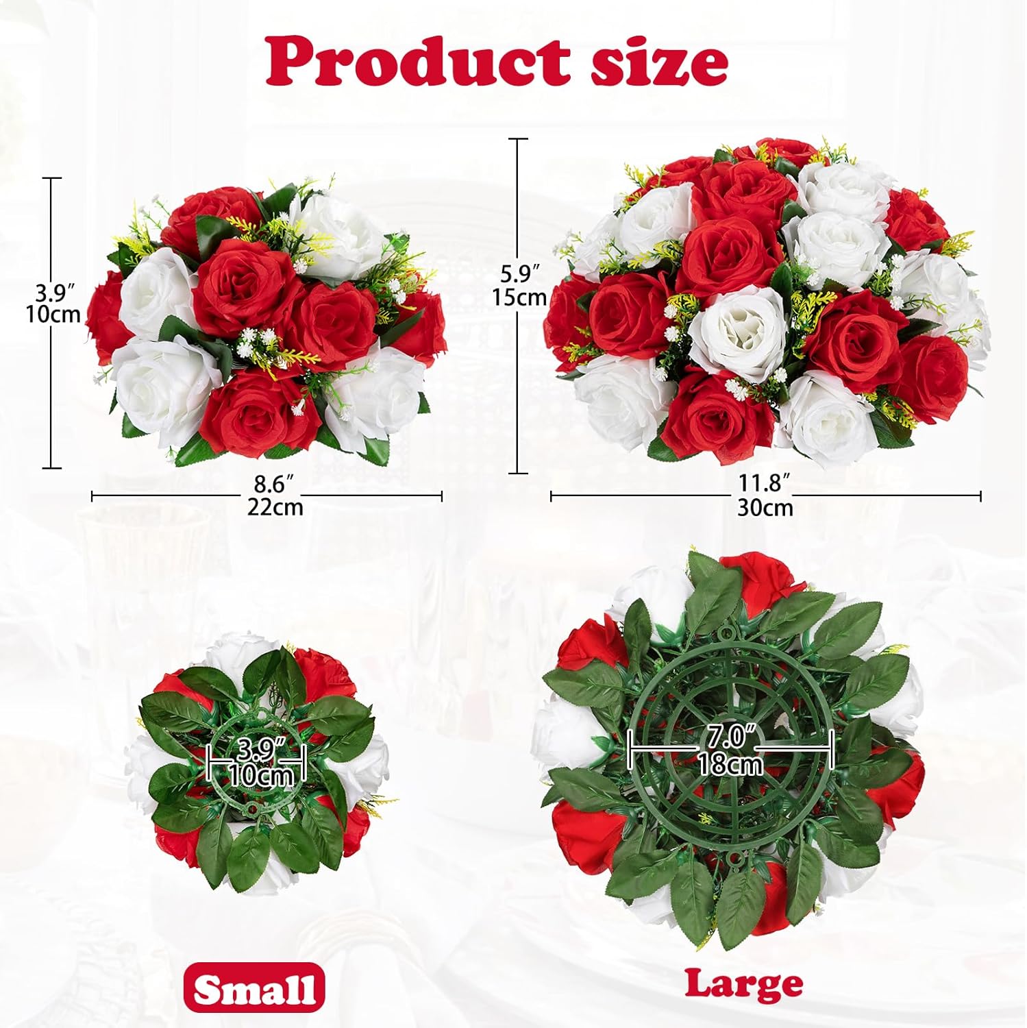 Briful Artificial Flower Balls for Table Centerpieces – 2PCS 8.6" Silk Rose Floral Arrangement Fake Floral Bouquet for Wedding Parties Baby Showers DIY Event Home Decor(Red White) - Image 2