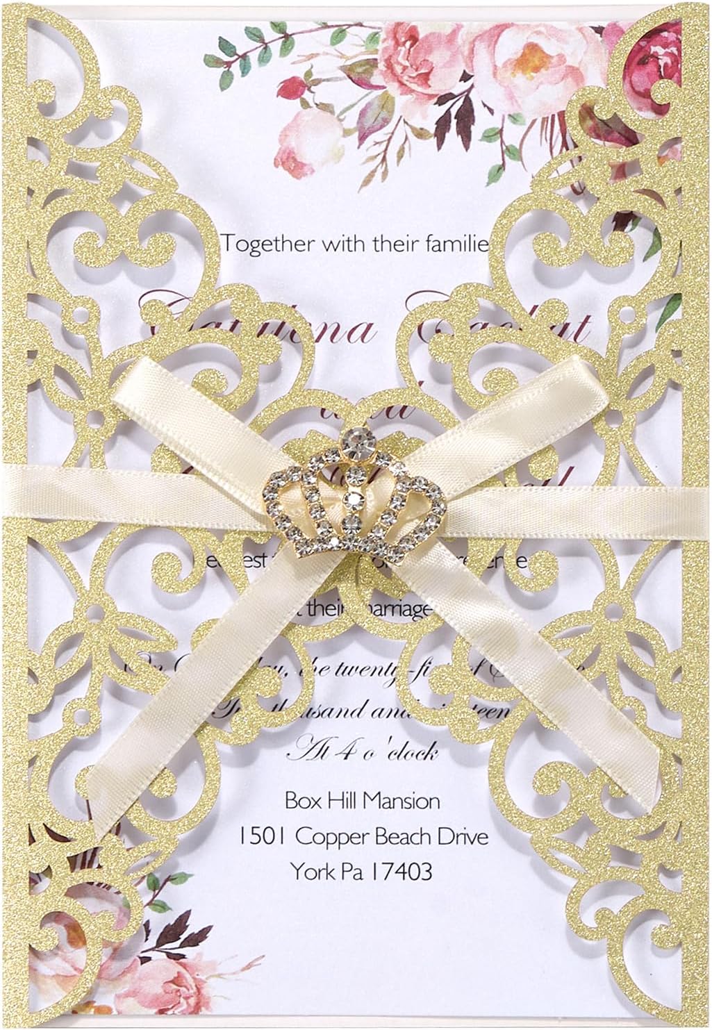 25pcs Wedding Invitation Kit, Gold Glitter Invitation Pocket with Ribbons Crown Blank Party Invitations Cards Personalized for Wedding Quince Baby Shower Anniversary