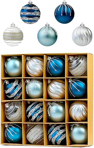 WBHome Juego de adornos de bola de Navidad de 16 quilates, 3.15 pulgadas, azul y plateado, decoraciones de Navidad inastillables para árbol de