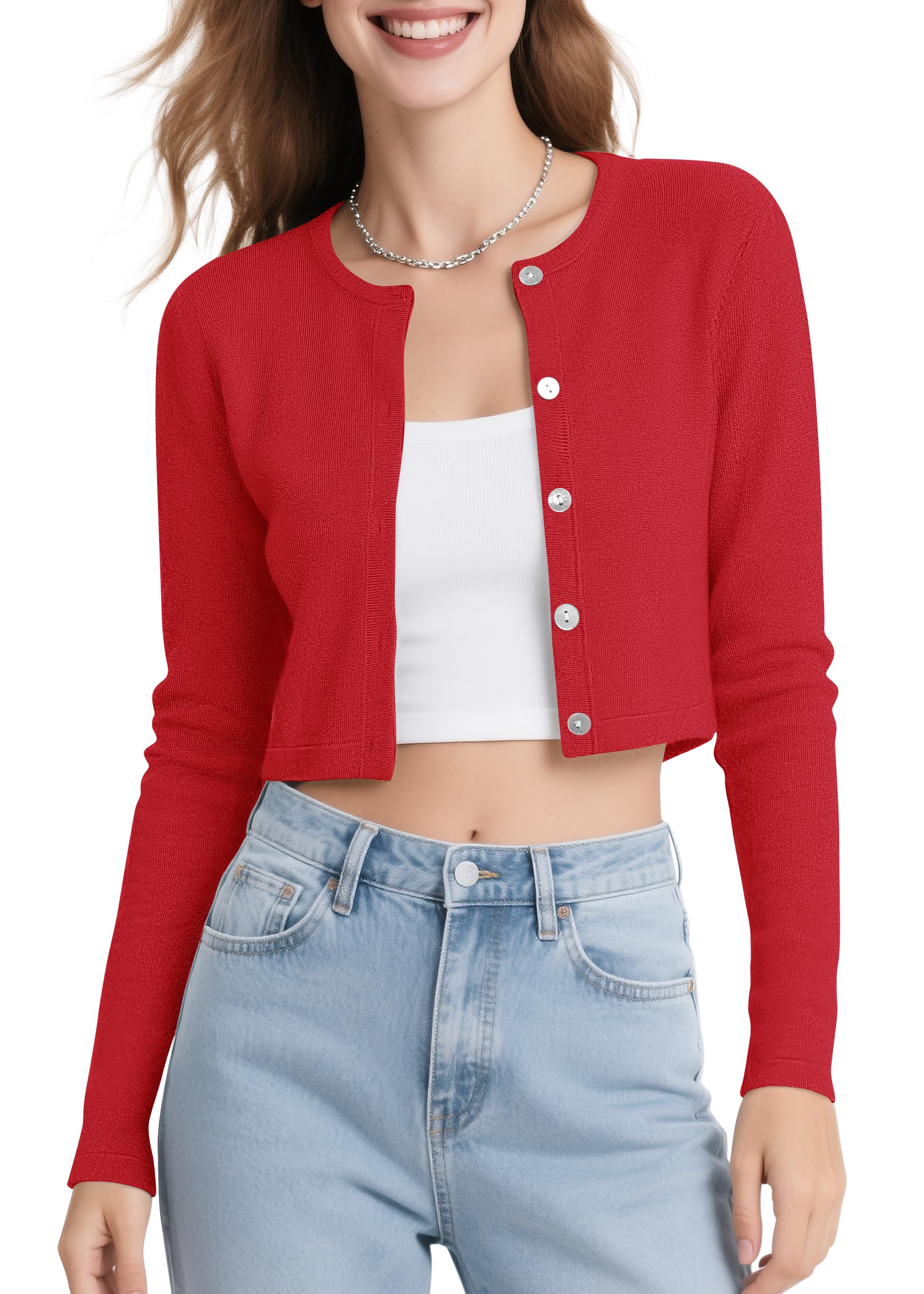 Urban CoCo Womens Long Sleeve Button Up Cropped Cardigan Sweaters for Women Crew Neck Short Bolero Shrug for