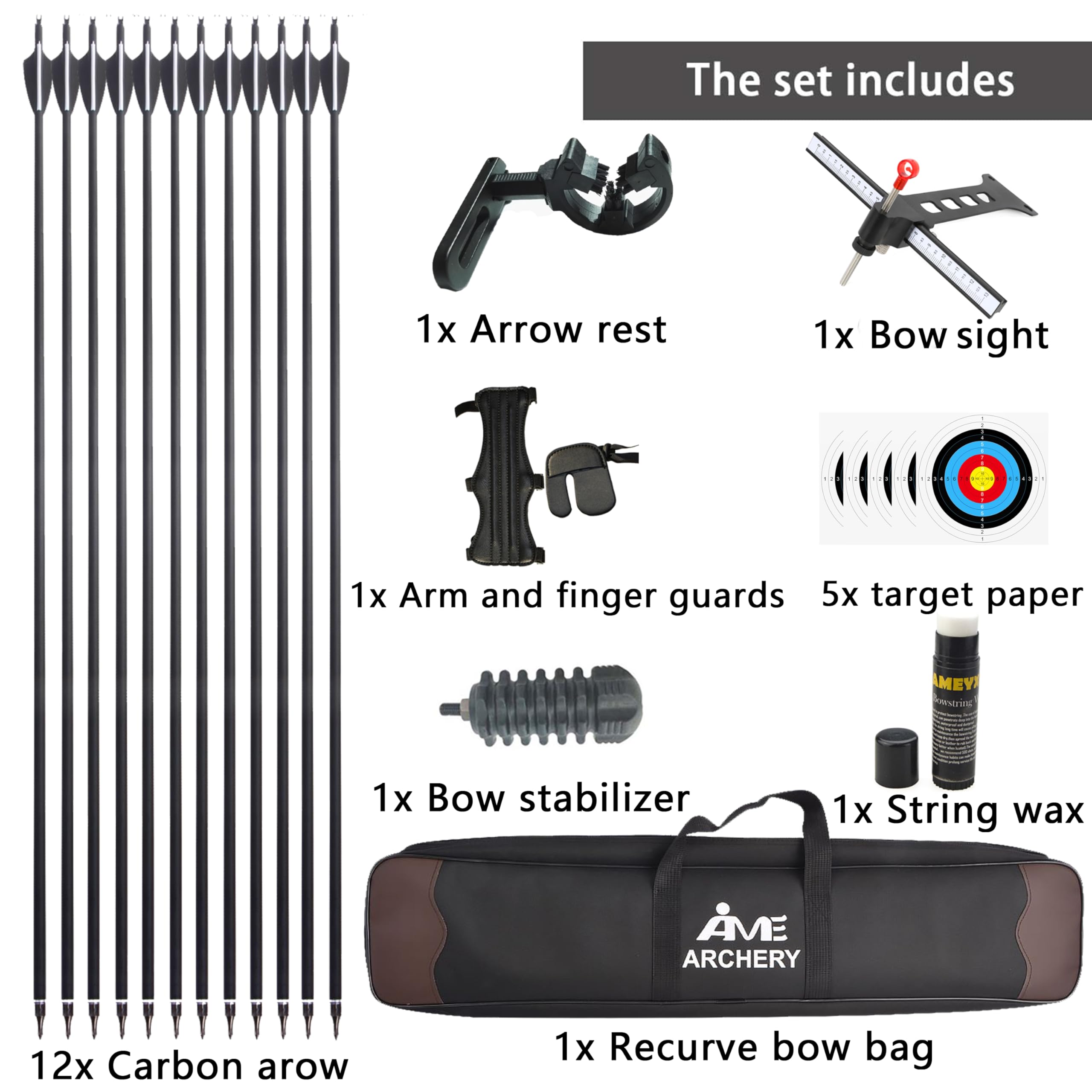 Set arco ricurvo smontabile per tiro con l'arco 30-53 libbre Peso di trazione regolabile Kit arco da caccia e frecce Tiro al bersaglio Arco lungo