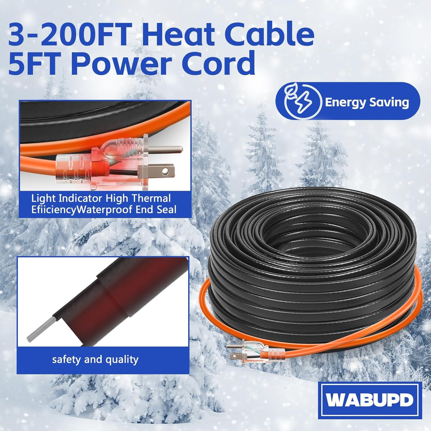 Cinta térmica de 3 pies a 200 pies para tuberías de agua, cable de calor de tubería de deshielo de -40.0 °C, tubo de cable de calefacción eléctrica, protección contra el frío para cable de