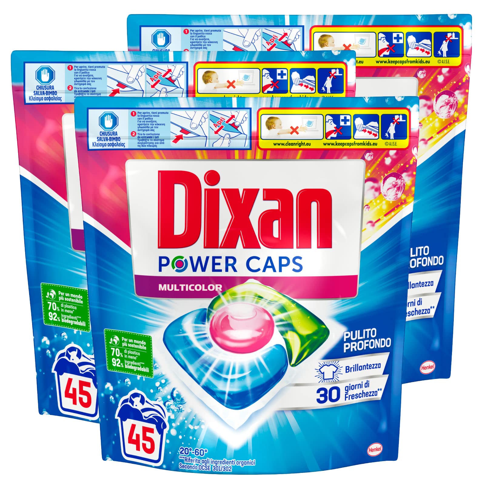 3x Dixan Power Caps Multicolor Detersivo in Capsule Pre-dosato per Lavatrice Pulito Profondo - 3 Confezioni da 45 Capsule, 2166.0 grams