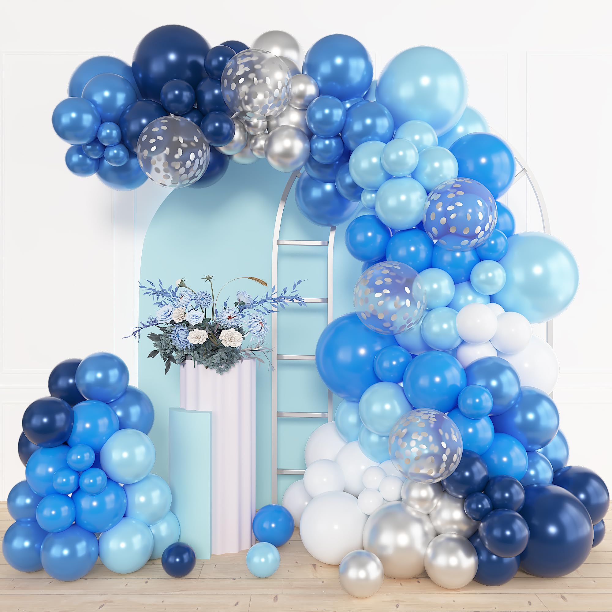 Amandir 134Pcs Blue Balloons Arch Garland Kit, Different Sizes 12 10 5 inch Navy Royal Light Blue Latex Confetti Balloons for Boys Birthday Baby Shower Winter Wonderland Graduation Party Decorations