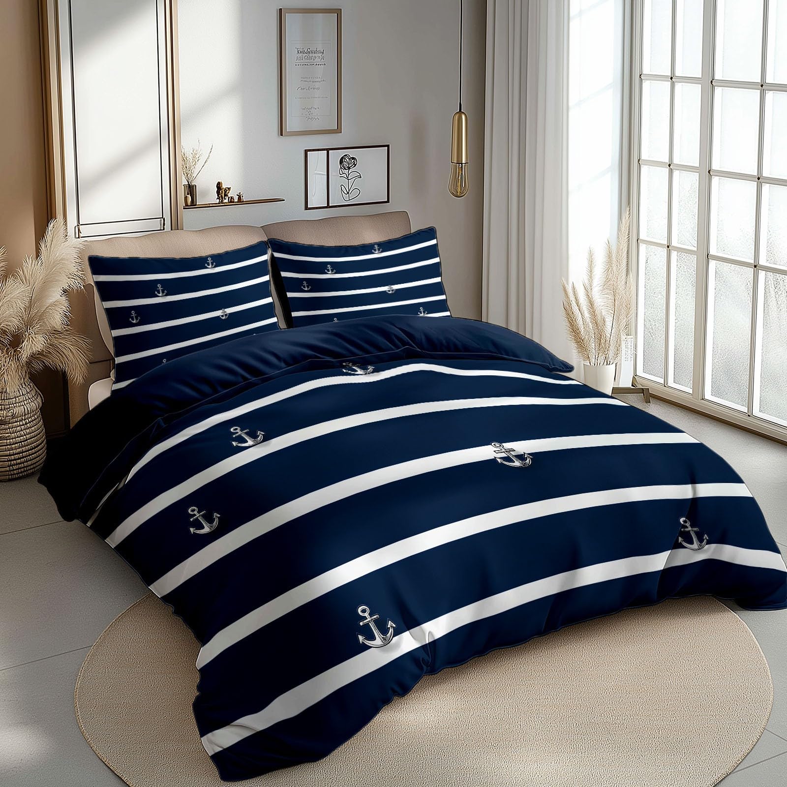Housse de Couette Bleu Marine Blanc Rayures Parures de lit 220 x 240 cm Garçons Filles Adulte Ado, Parure de Lit Microfibre