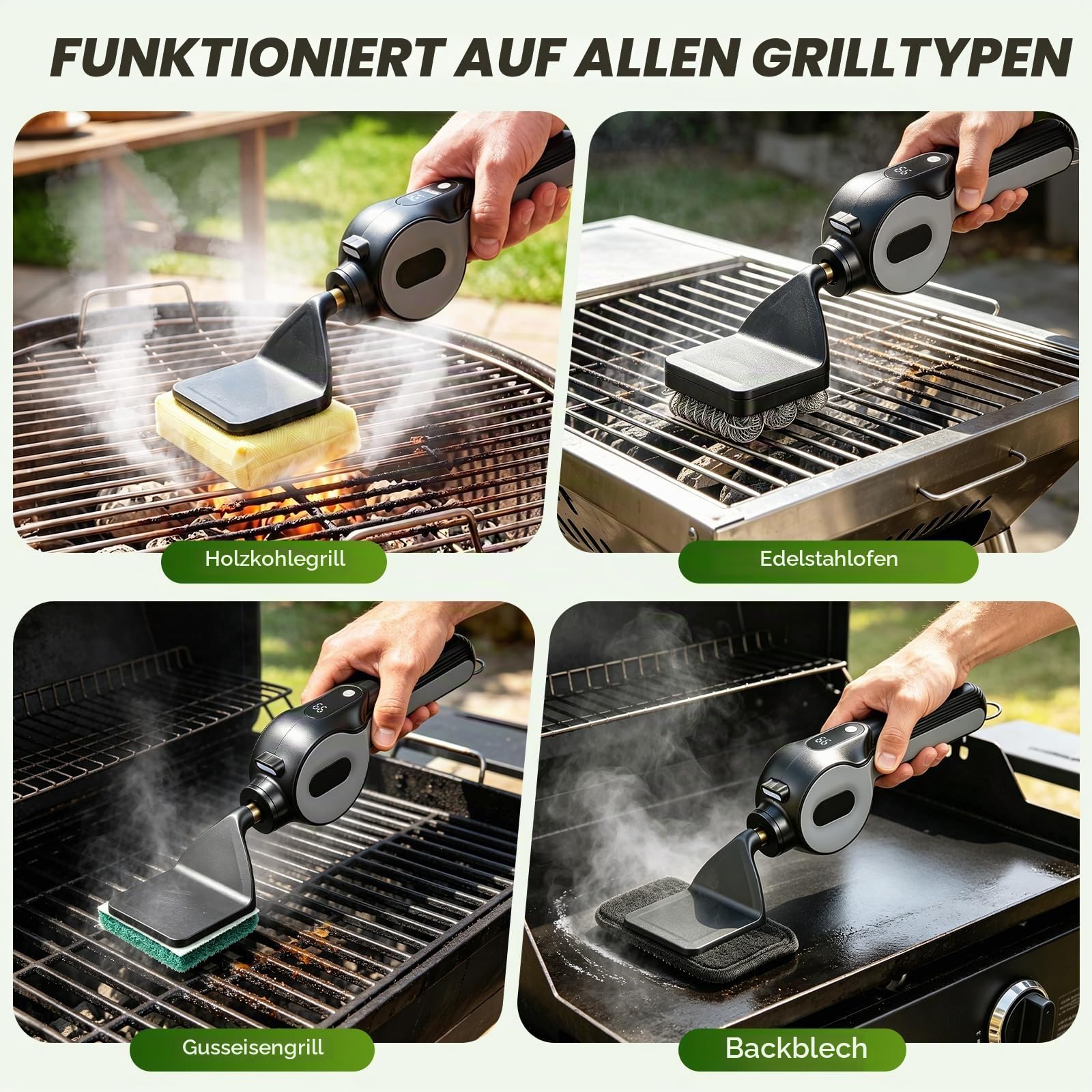 Elektrische Grillbürste, 6 in 1 Grillbürste Borstenfrei, Elektrische Grill Reinigungsbürste mit Druckempfindlichem Motor 1100U/min, LCD-Display, LED-Licht, Wasserdicht BBQ Grill Bürste für Grillroste