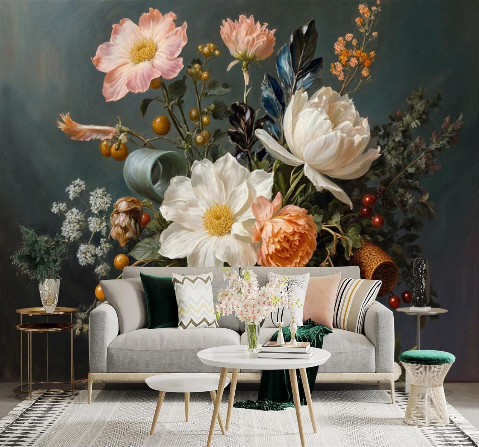 XLMING Elegant Glass Vase Bouquet Peonies Roses Green Leaves 3D Wallpaper Premium Textured Silk Study Dining Living Room Bedroom Sofa TV Wall Easy Install-400cm×280cm