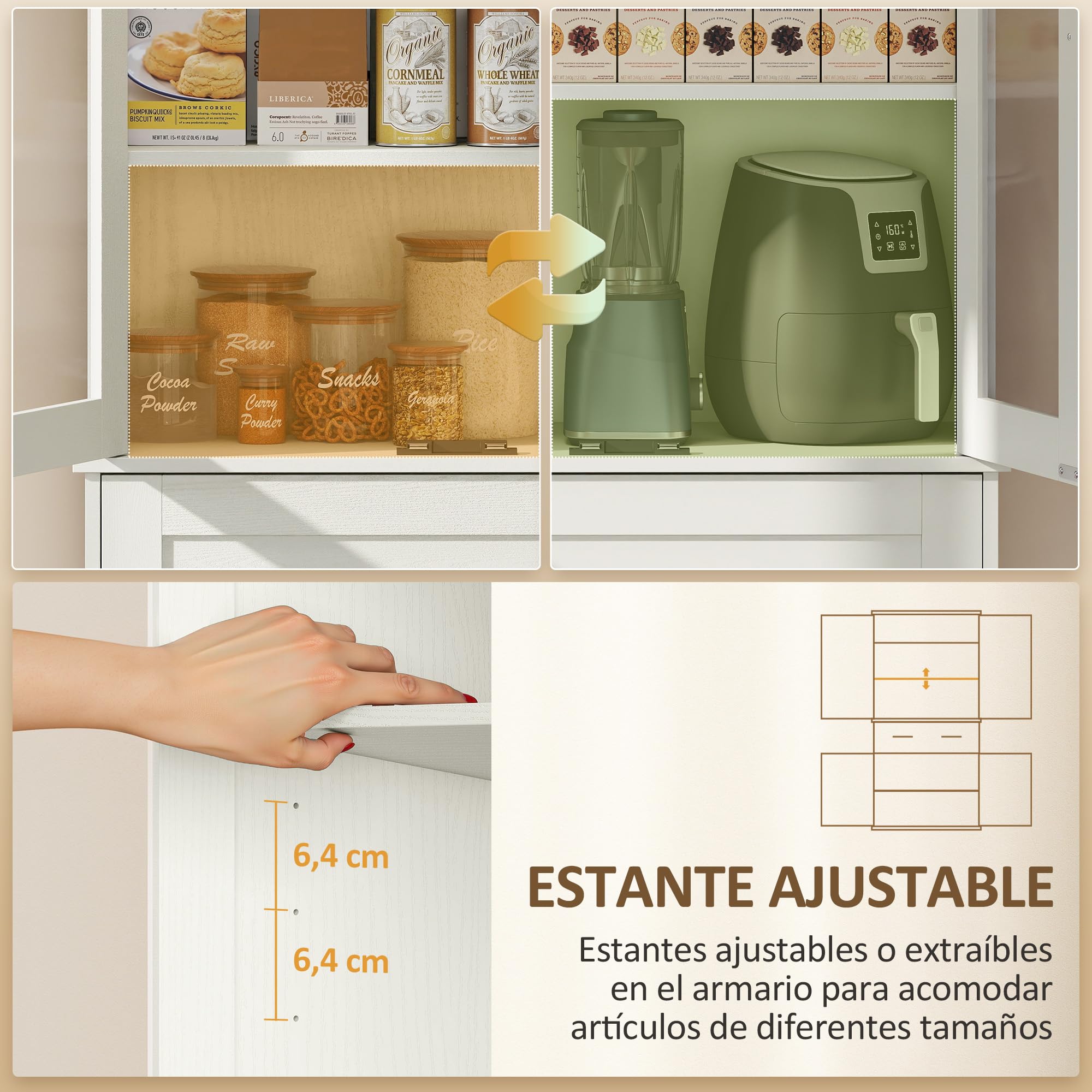 HOMCOM Alacena de Cocina, Mueble Auxiliar de Cocina con 2 Puertas de Acrílico, Cajón Grande, Estantes Ajustables, para Comedor, 76x40x182,5 cm, Crema