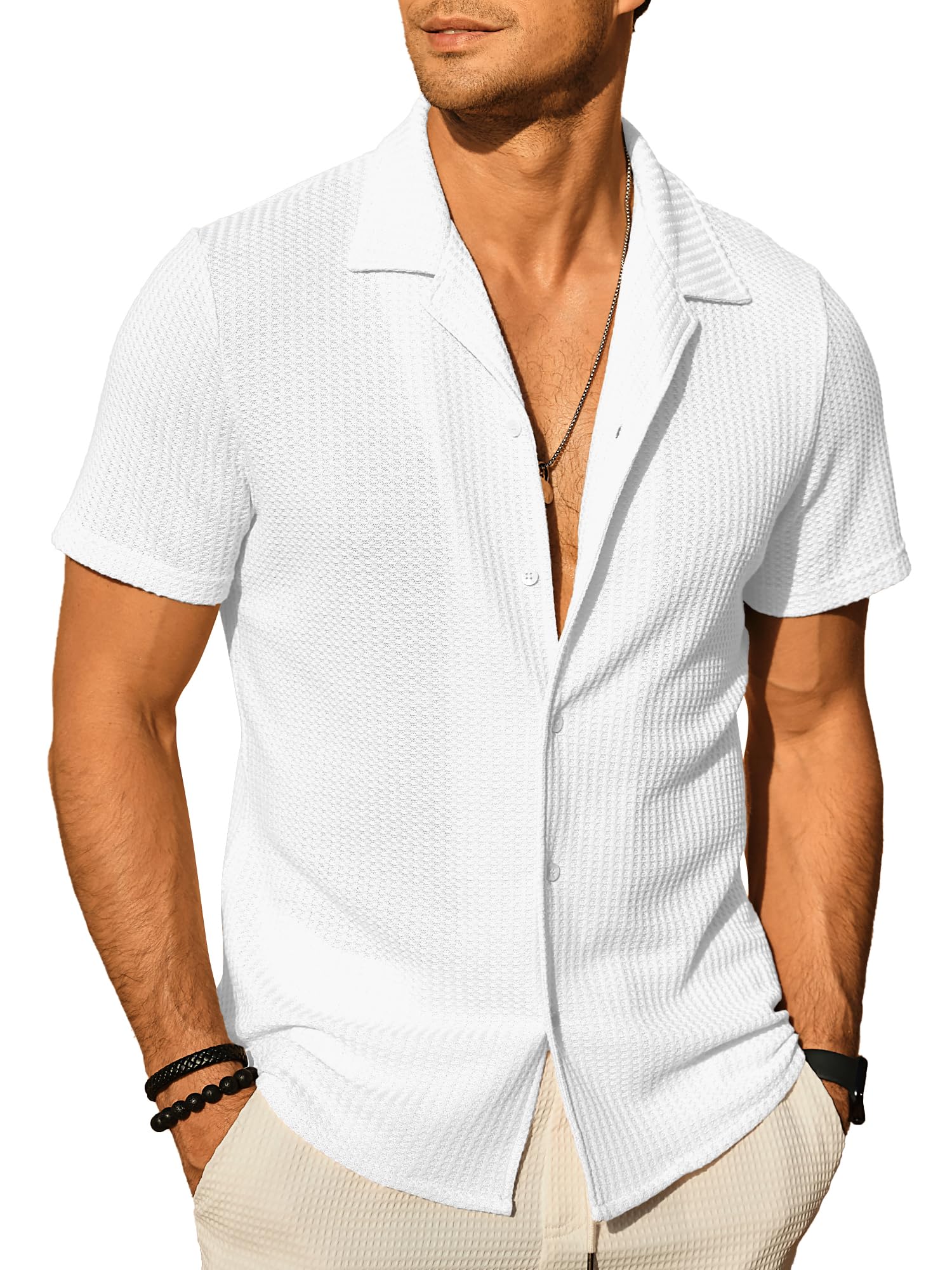 PLEPAN Men's Knit Polo Shirts Button Down Short Sleeve Casual Summer Beach Vintage Waffle Shirts for Men