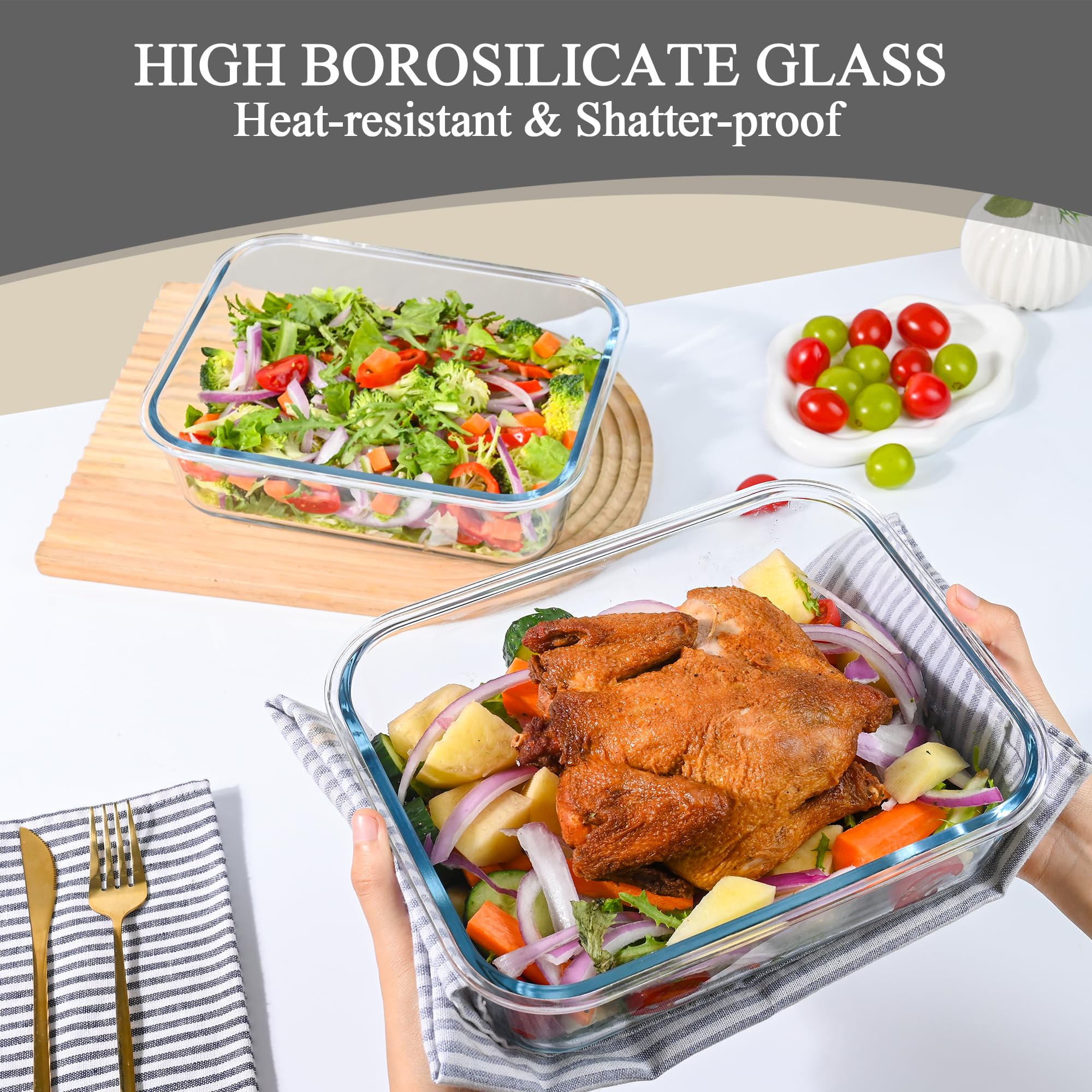 GEHE 2 Pack 2300 ml Große Glasbehälter Sets mit Deckeln, Glas Mahlzeit Vorbereitung Boxen - Speicherung Lebensmittel, Backen, Dicht, Gefrierschrank, Mikrowelle & Ofen Safe