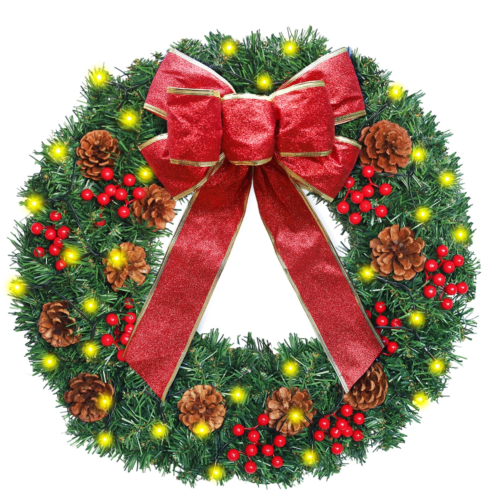 Christmas Wreath Decorations - 22" Artificial Christmas Wreath for Front Door with Large Red Bow, Red Berries and Pine Cones for Xmas Wall Window Outside