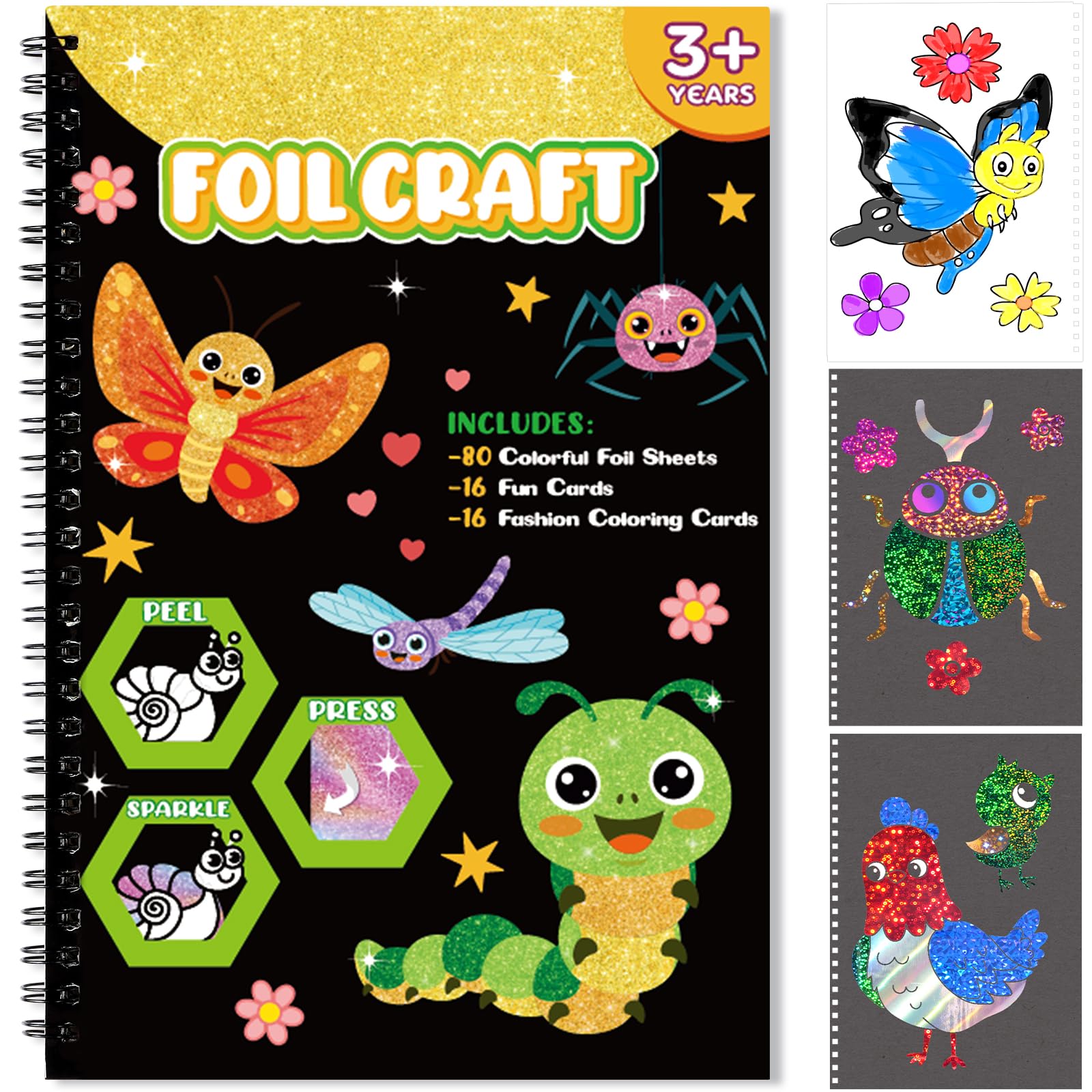 Foil Craft Bugs Butterfly DIY Art Fun Kits Set, No Mess Creative Foil Art Drawing Game for Kids, Birthday Gifts Crafts Supplies Travel Toys for Girls