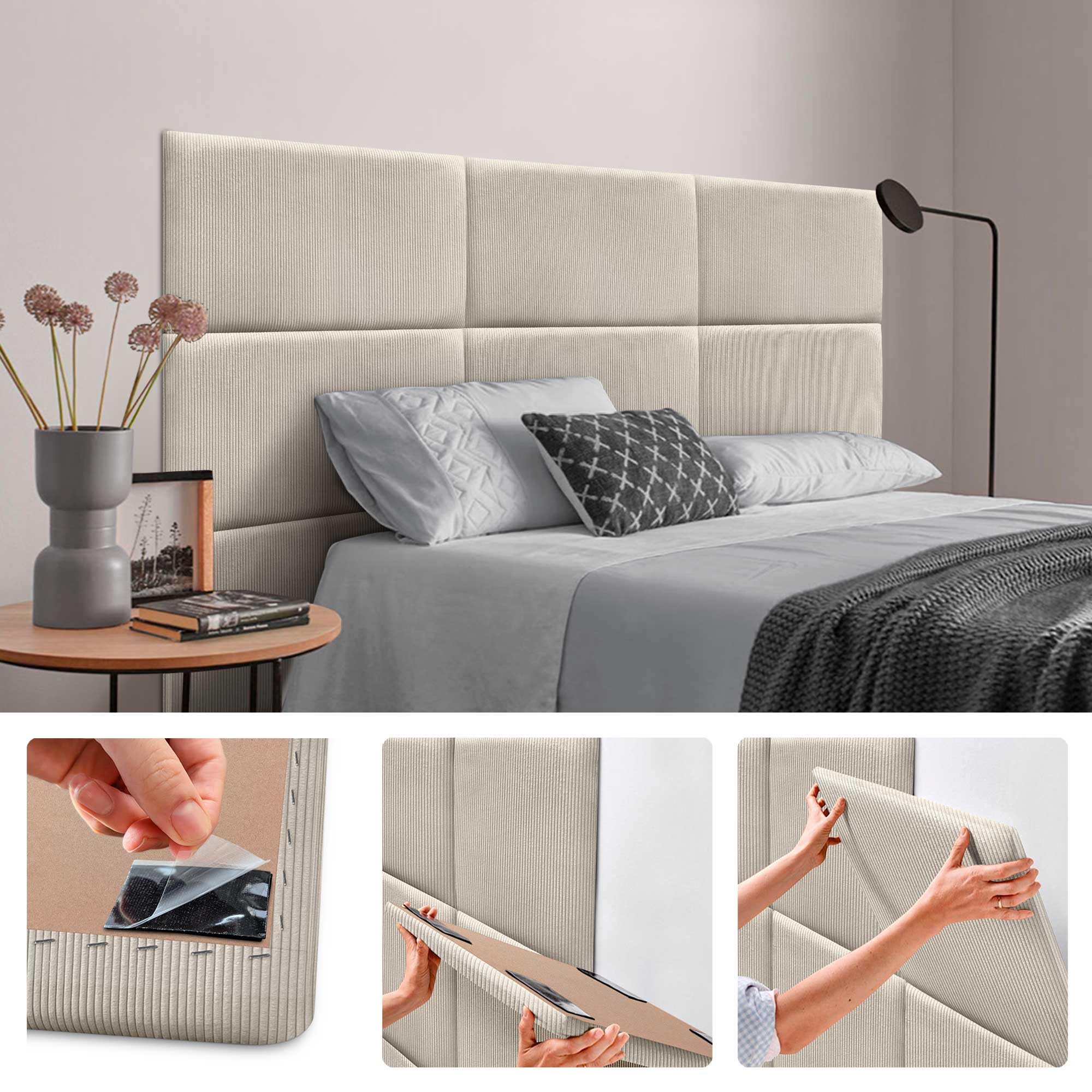 DHOME Gepolsterte Premium Cord Paneele Selbstklebend für Wände Schallabsorbierend Stoßfest Ideal für Kopfteile Dekoration Zuhause und Schlafzimmer (Beige, 60x50cm)