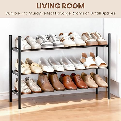 Miniatura 7 de AceMining Zapatero expandible de 3 niveles, zapatero ajustable organizador de zapatos, estante de zapatos de pie independiente, metal resistente