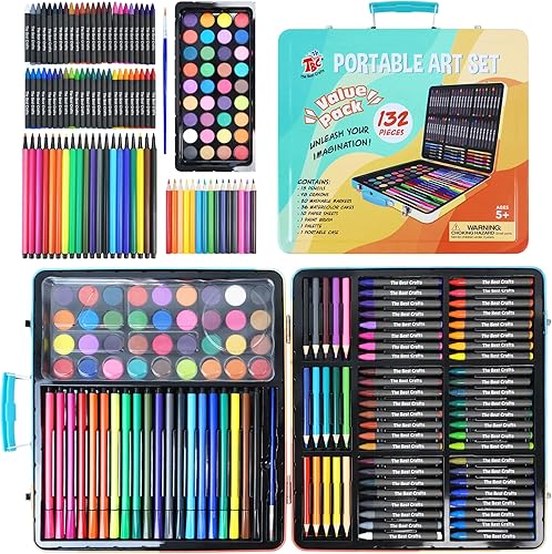 TBC The Best Crafts Kit de pintura (juego de 132 piezas, estuche de hierro), suministros de pintura, kit de arte incluye juego de pintura de