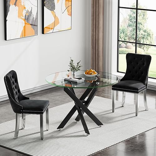 Miniatura 3 de Mesa de comedor redonda de vidrio de 36 pulgadas para 2-4 personas, patas de metal negro resistentes, mesa de cocina redonda de vidrio para