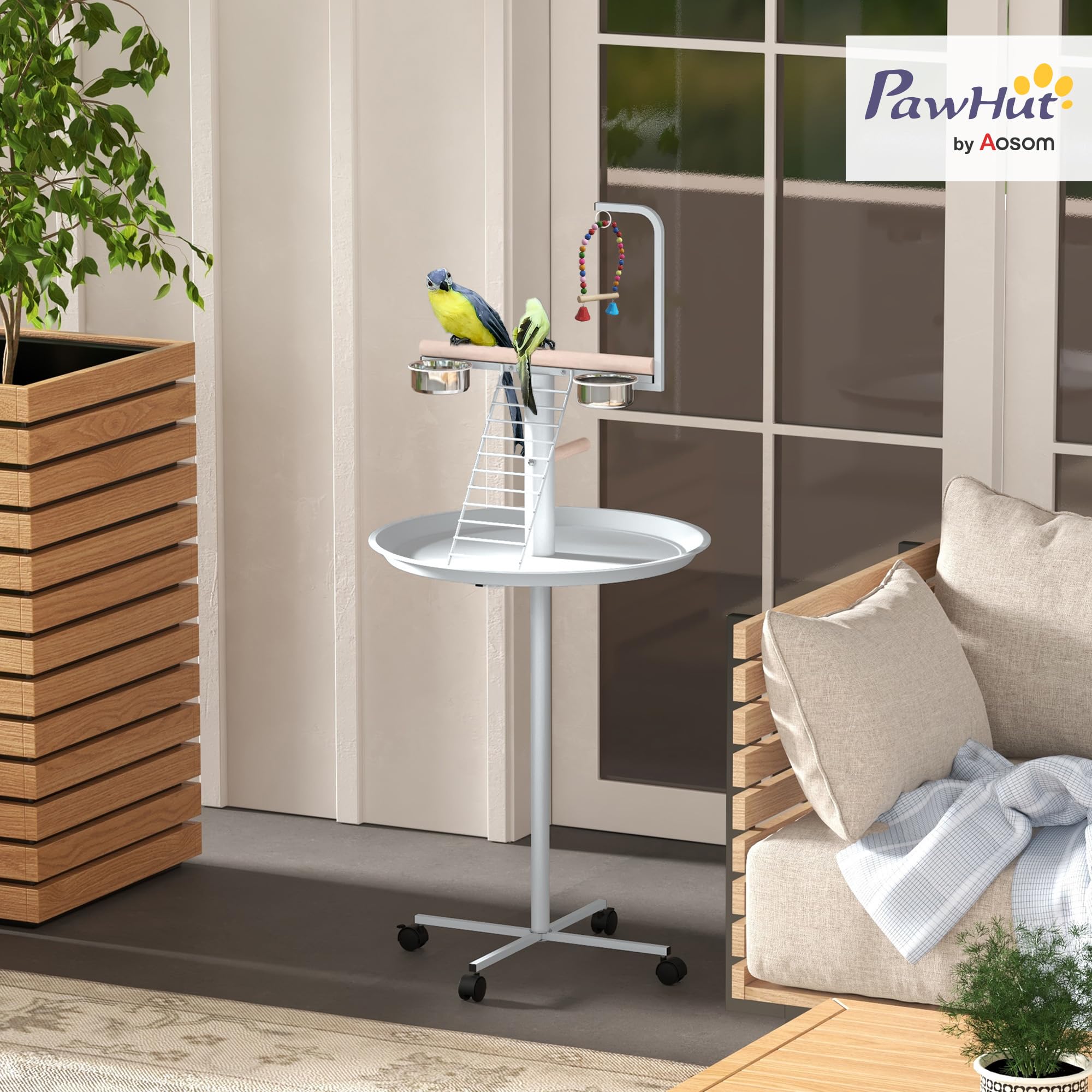 PawHut Parco giochi per pappagalli con mangiatoia, mangiatoia per uccelli con ruote e posatoi, mangiatoia per uccelli con scala in acciaio per giardino o balcone, bianco