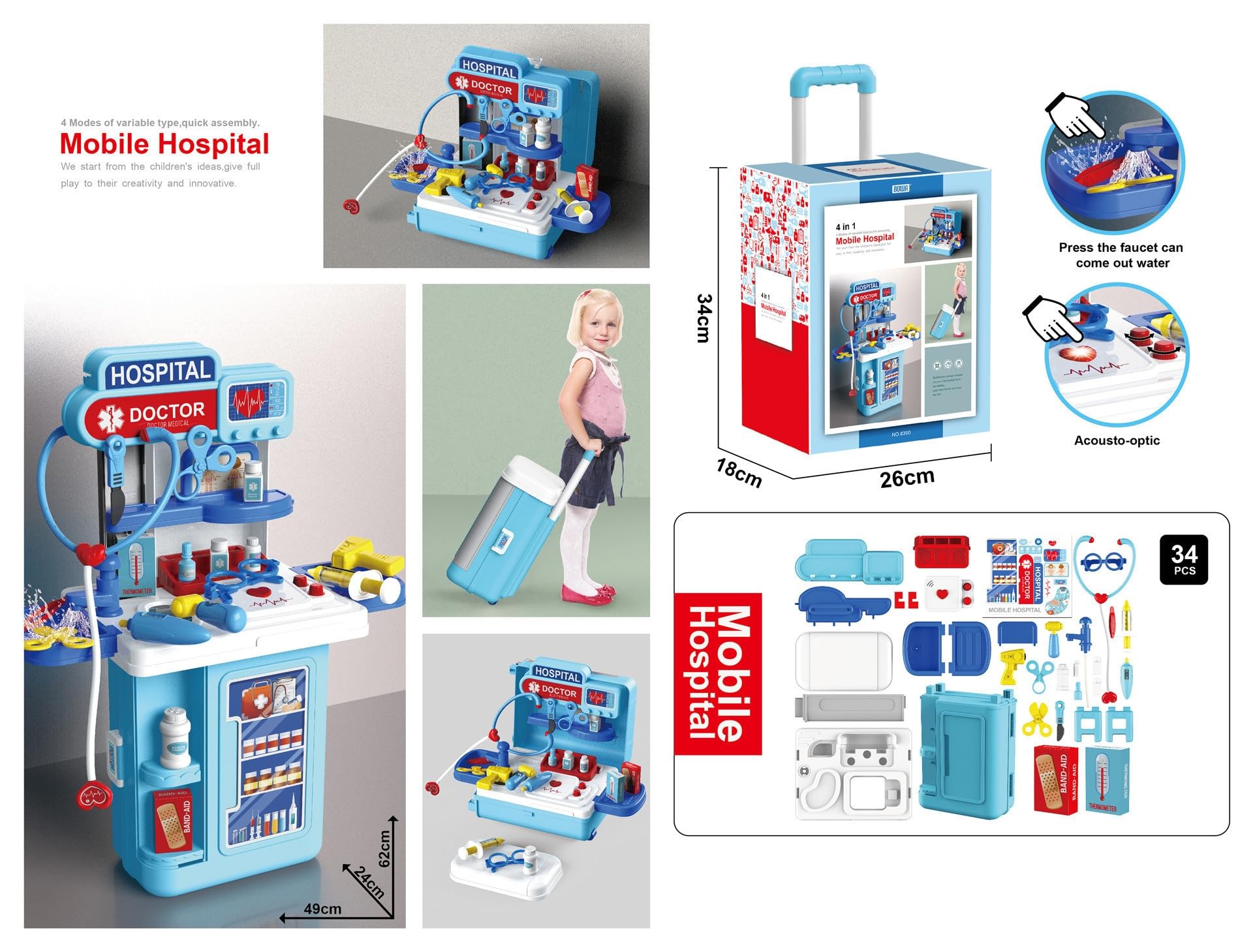 Serena & Jewel - Kit medico per stazione medica di simulazione per bambini, set 2 in 1, kit medico con tavolo e carrello