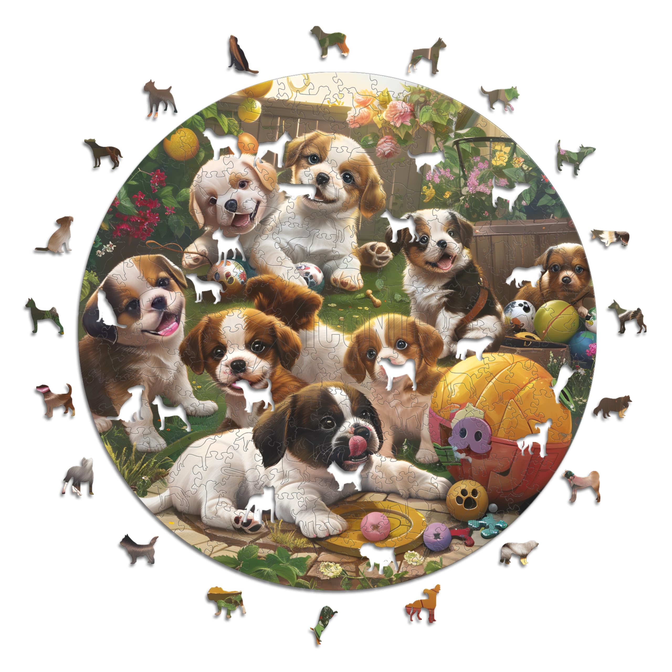Iconic Puzzles, Puppies in the Garden, fantasy animals, 100% sustainable wooden puzzle, Gifts for Children and Adults size L