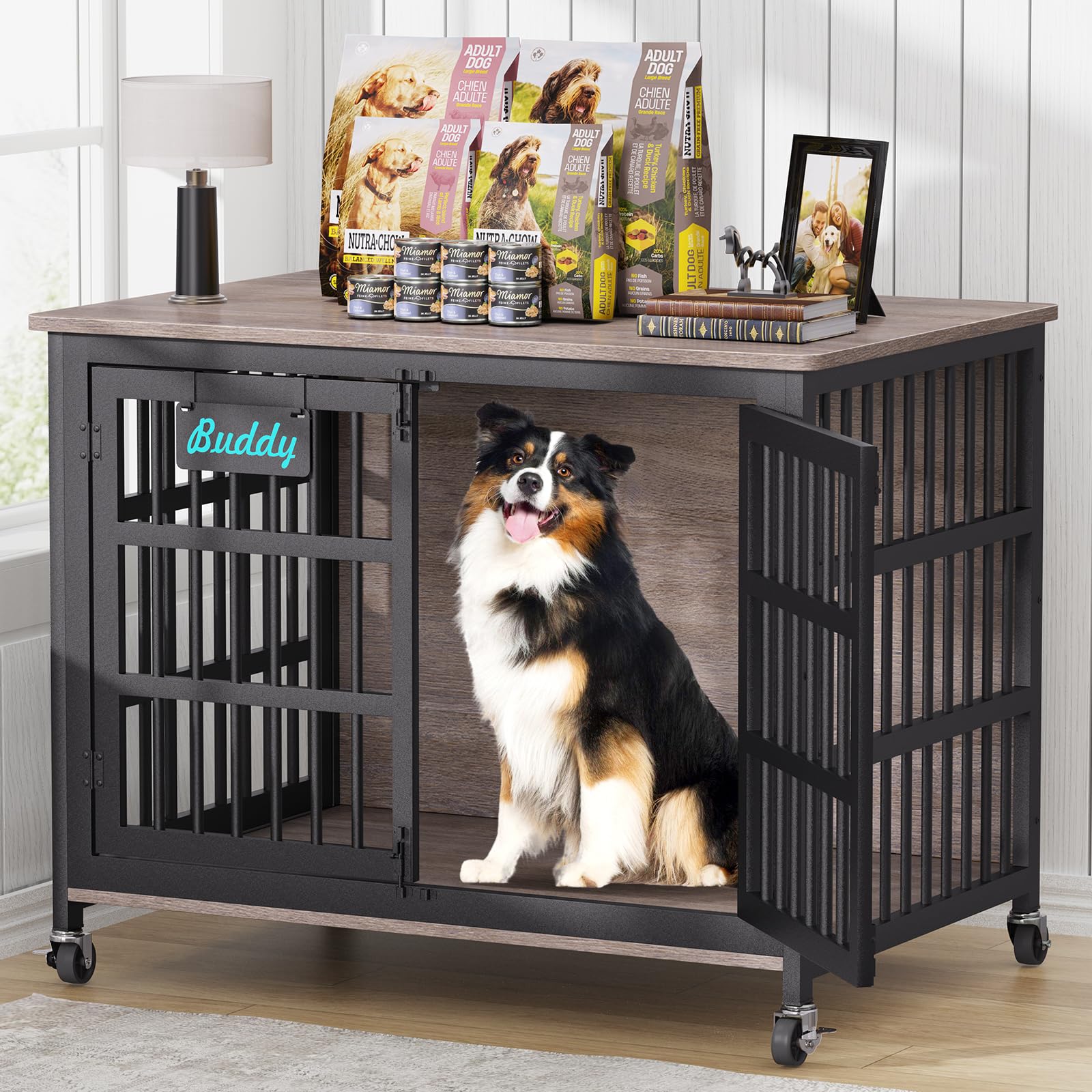 EasyCom 42"/41"/33" XL Dog Crate Furniture with Casters, Heavy Duty Dog Kennel Indoor for Large and Medium Dogs, Double-Doors Sturdy Dog Cage for