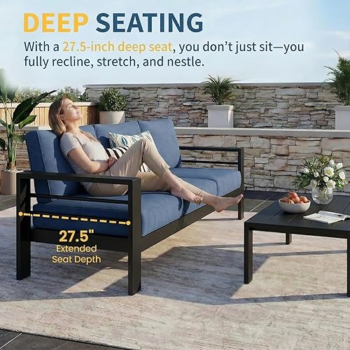 Miniatura 7 de Solaste Juego de muebles de patio de aluminio para todo tipo de clima, juego de muebles de exterior de metal de gran tamaño con asientos profundos