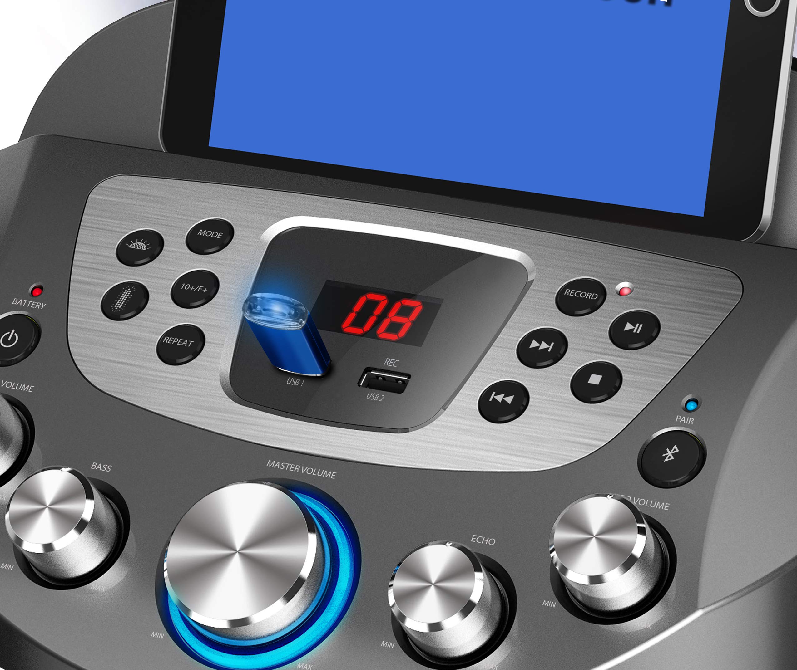 Starion KS829-B Bluetooth Karaoke Machine l Pedestal Design w/Light Show l 4 Built-in Speakers & 2 Tweeters l Two USB for Bluetooth / MP3 Record & Playback l Disco Ball Effect l Two Microphones 2
