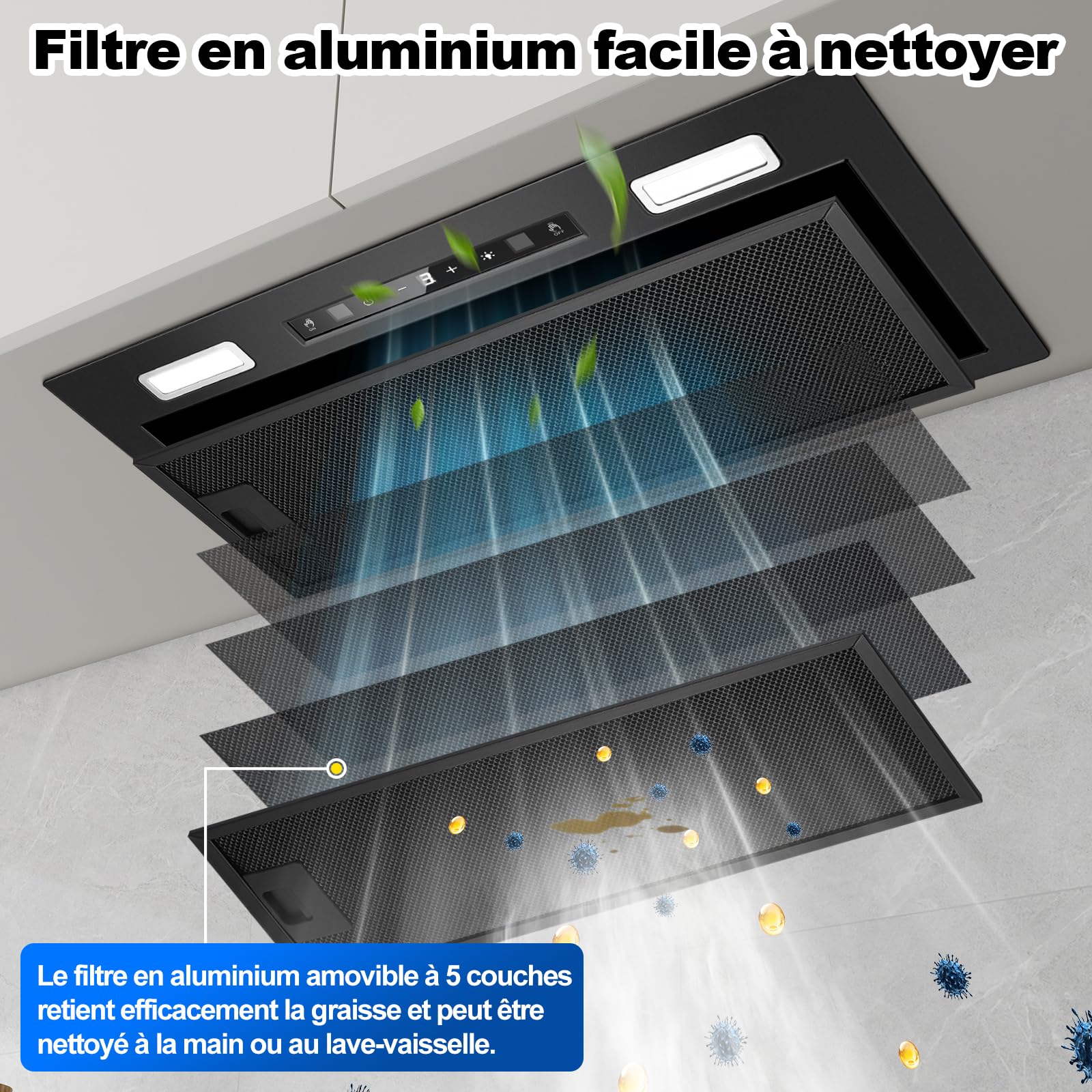 Hotte Aspirante 52cm Encastrable, 750m³/h, Hotte Encastrée, Commande Gestuelle & Tactile, 3 Vitesses & Fonction Booster, Éclairage LED, Filtre Charbon et Conduit Inclus, Évacuation/Recyclage
