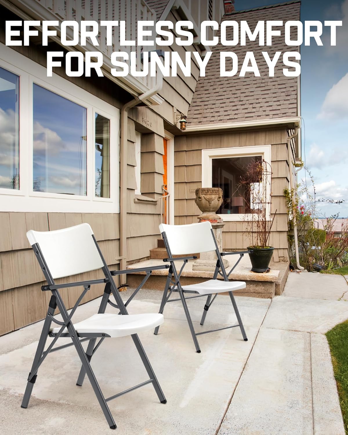 FanttikOutdoor Portable Plastic Folding Chair, Integrated Armrest, Indoor Outdoor Heavy Duty Office Seat with Steel Frame, 350 lbs Capacity for Home, Party, Garden, Stadium, 2-Pack White Zeta H8 Ultra