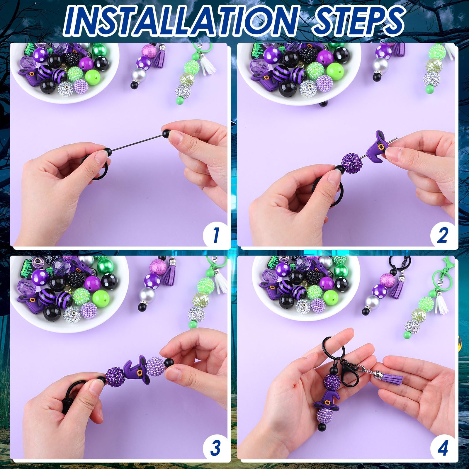 Halloween Beadable Keychain Kit – 296 Pcs DIY Blank Keychain Bars With Spooky Beads, Charms & Spacers For Crafting Personalized Halloween Gifts