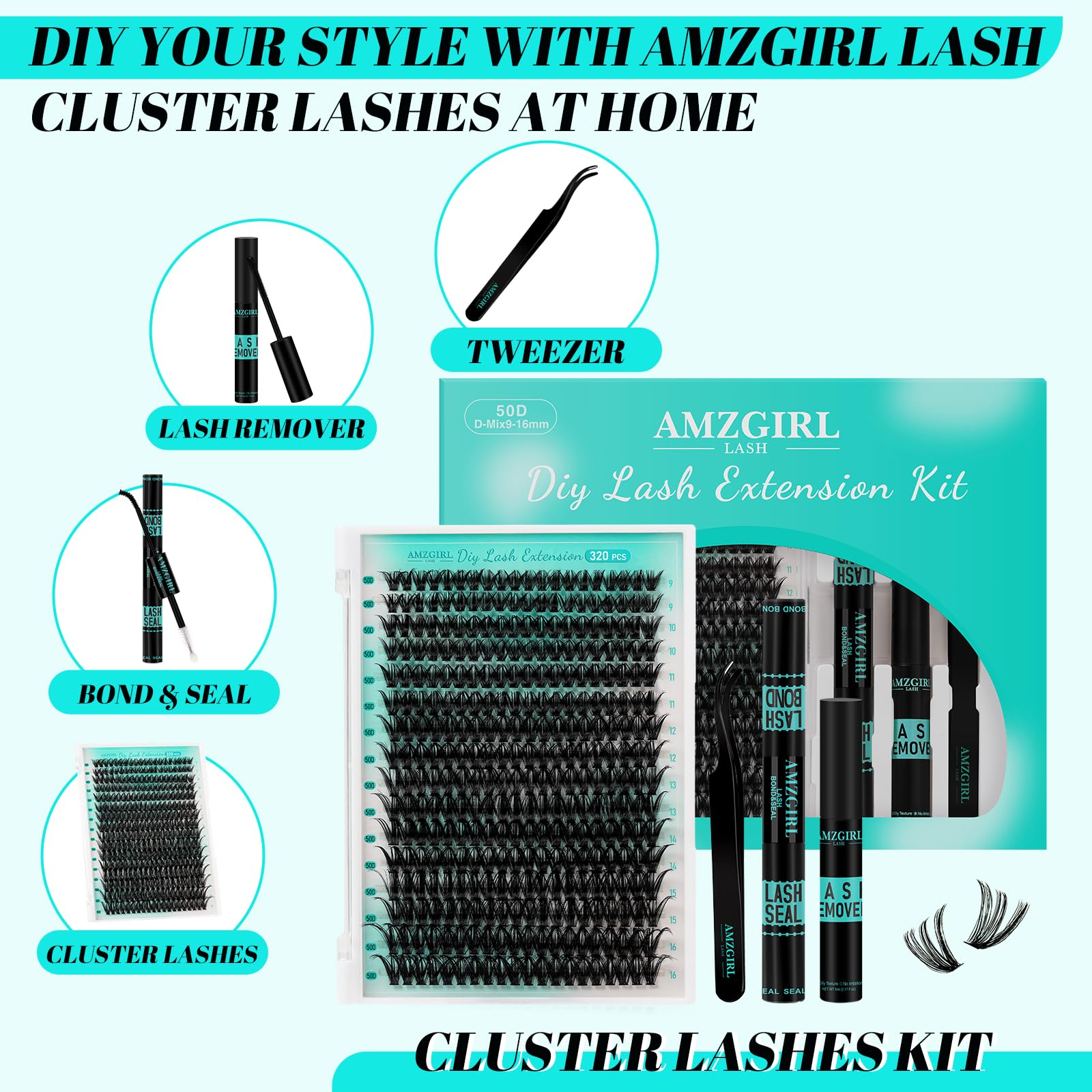 Kit di extension per ciglia, 320 pezzi, kit fai da te per singoli gruppi di ciglia, legatura e sigillatura delle ciglia, rimozione delle ciglia per le extension(kit 50D, D-Mix9-16mm)