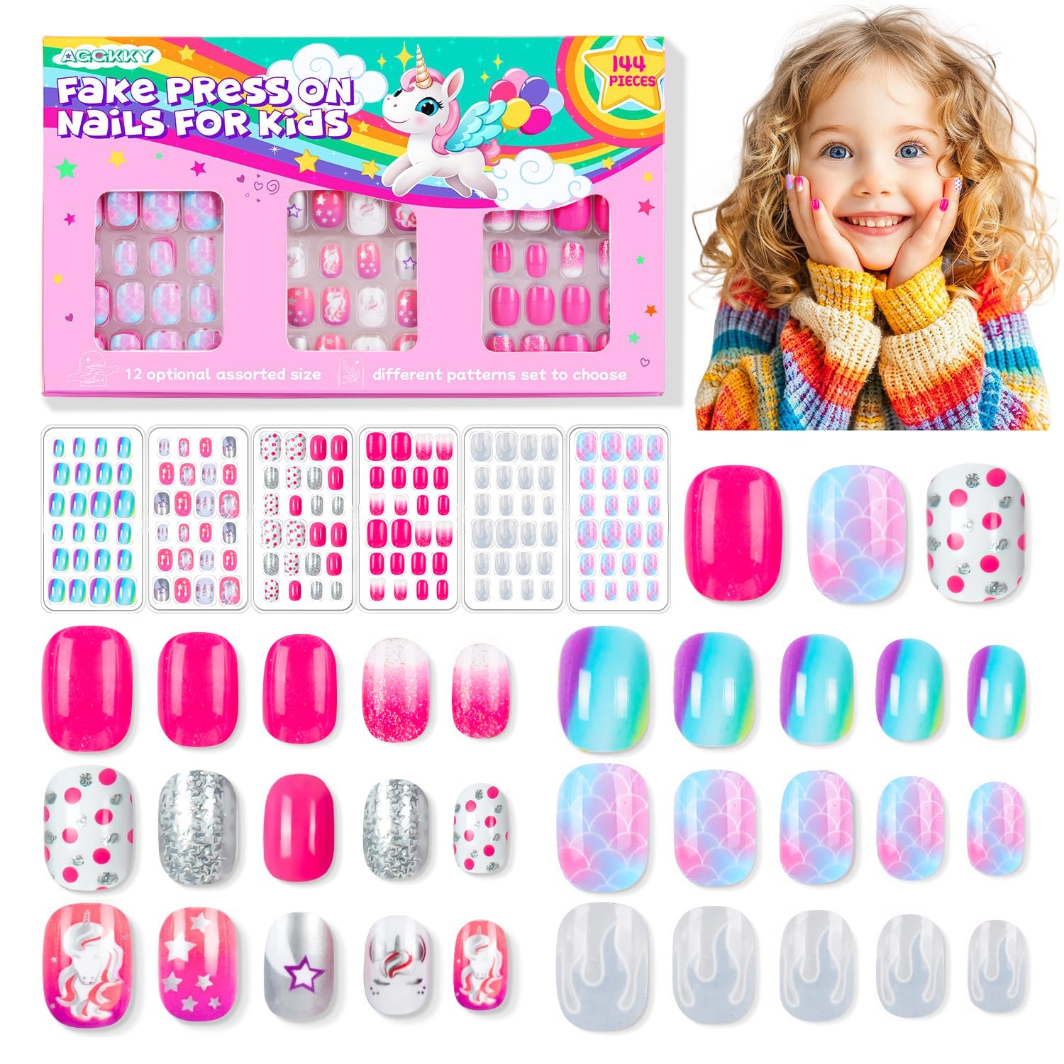 144 Pieces 6 Pack Kids Press on Nails Artificial Fake Nails for Kids Girls Pre Glue Full Cover Short Acrylic False Nail Tips Art Kits Gifts for Girls