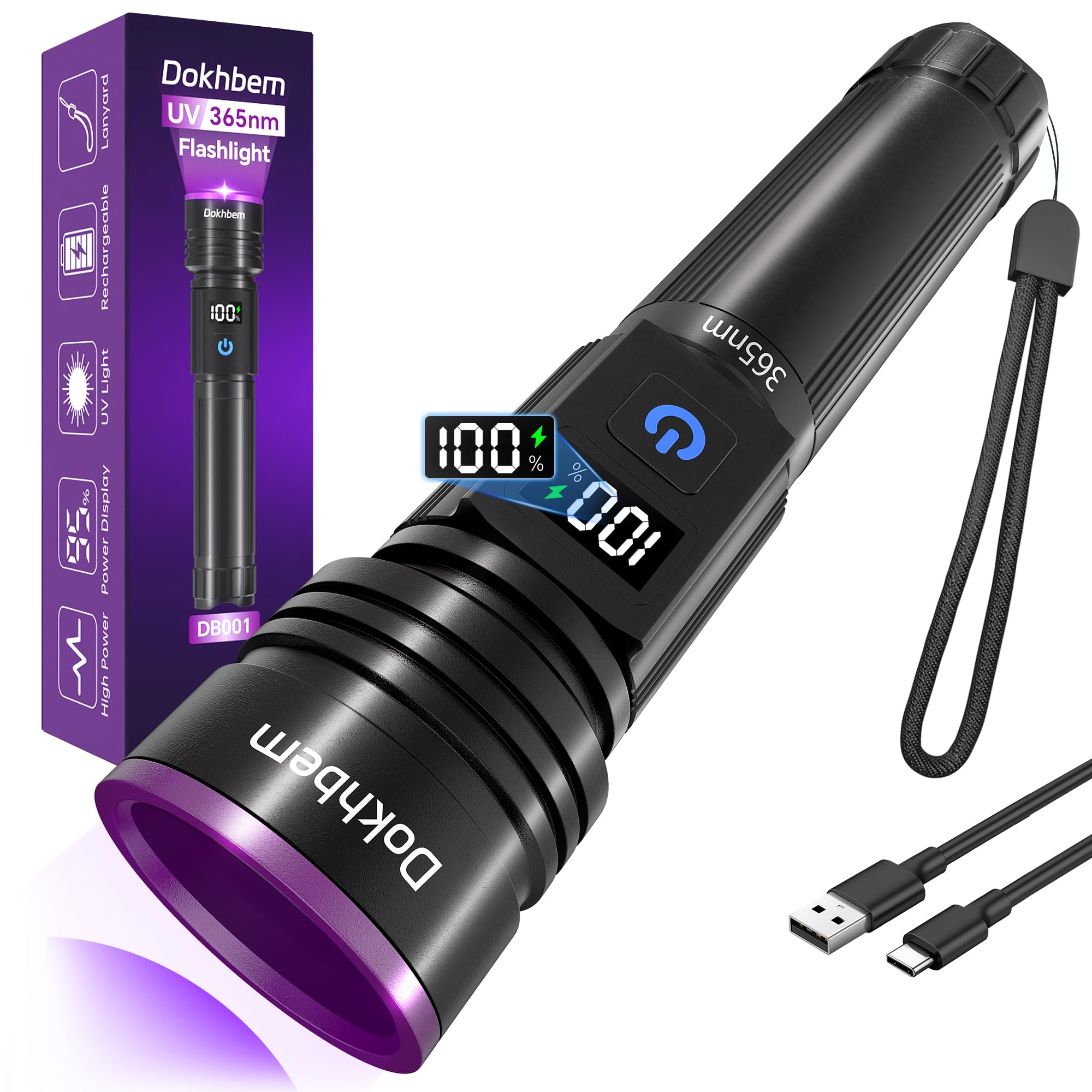 Photo 1 of Dokhbem 365nm UV Flashlight Rechargeable, Black Light Flashlight with LCD Display, Powerful Ultraviolet Lights for Pet Urine Detection, Resin Curing, Rockhounding, Scorpion, Uranium Glass, A/C Leak