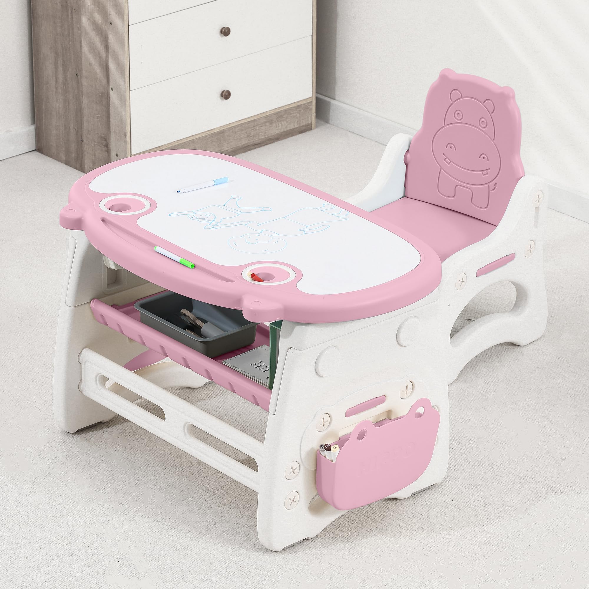 WHY TOYS Kids Table and Chair Set The Table Can Be Graffiti and The Height Can Be Raised and Lowered for Children Age 2-10 The Order Includes Watercolor Pen and Blackboard Eraser