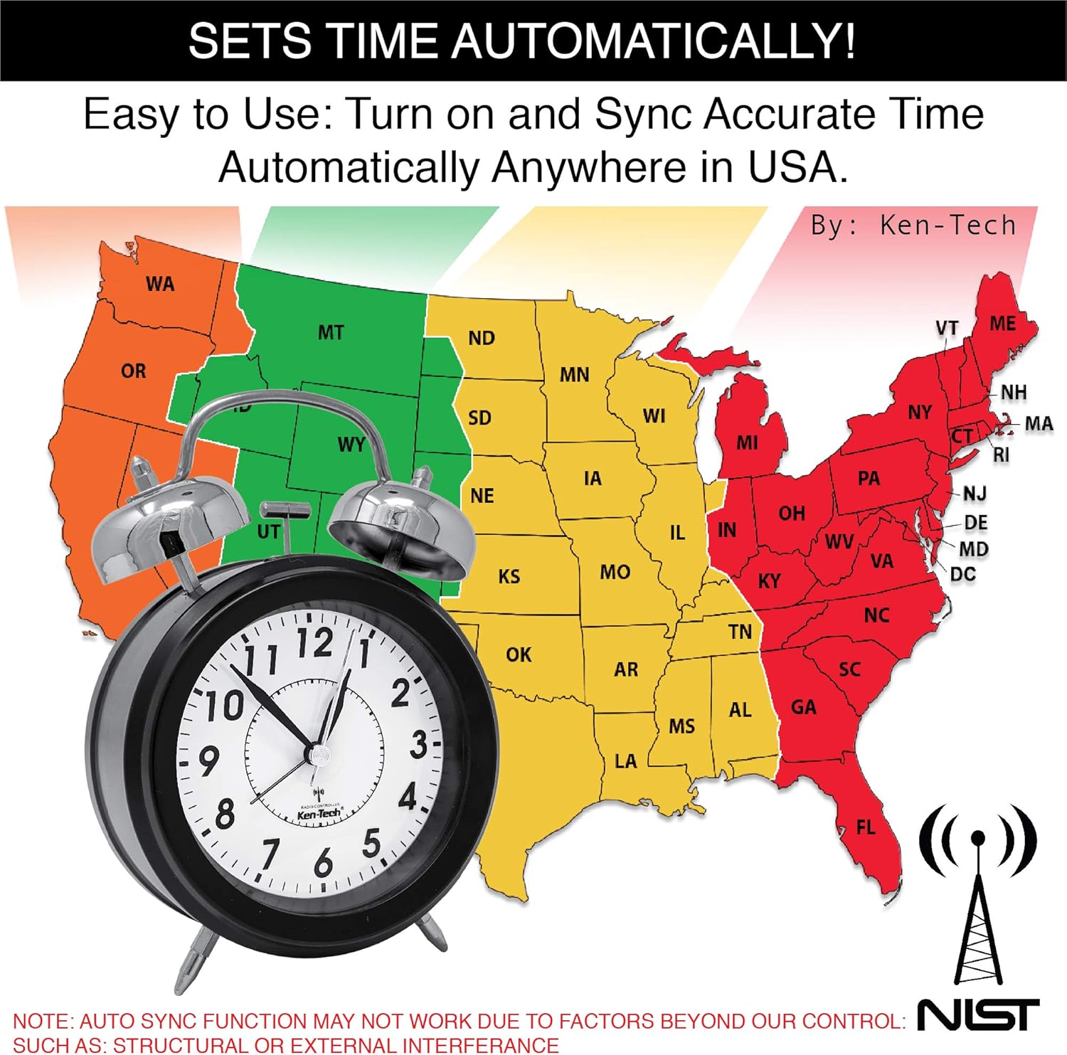 Sonnet Twin Bell Alarm Clock overlaid on a map of the USA, illustrating automatic time synchronization across different time zones.